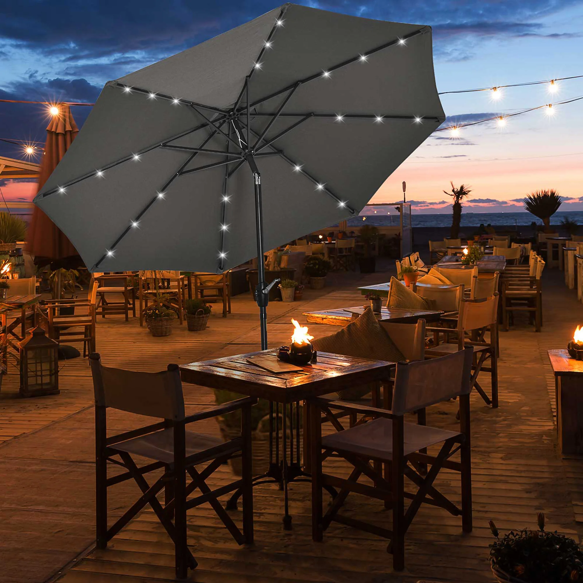8.8' Solar Powered Patio Umbrella with LED Lights and Tilt, Dark Grey - Image 3