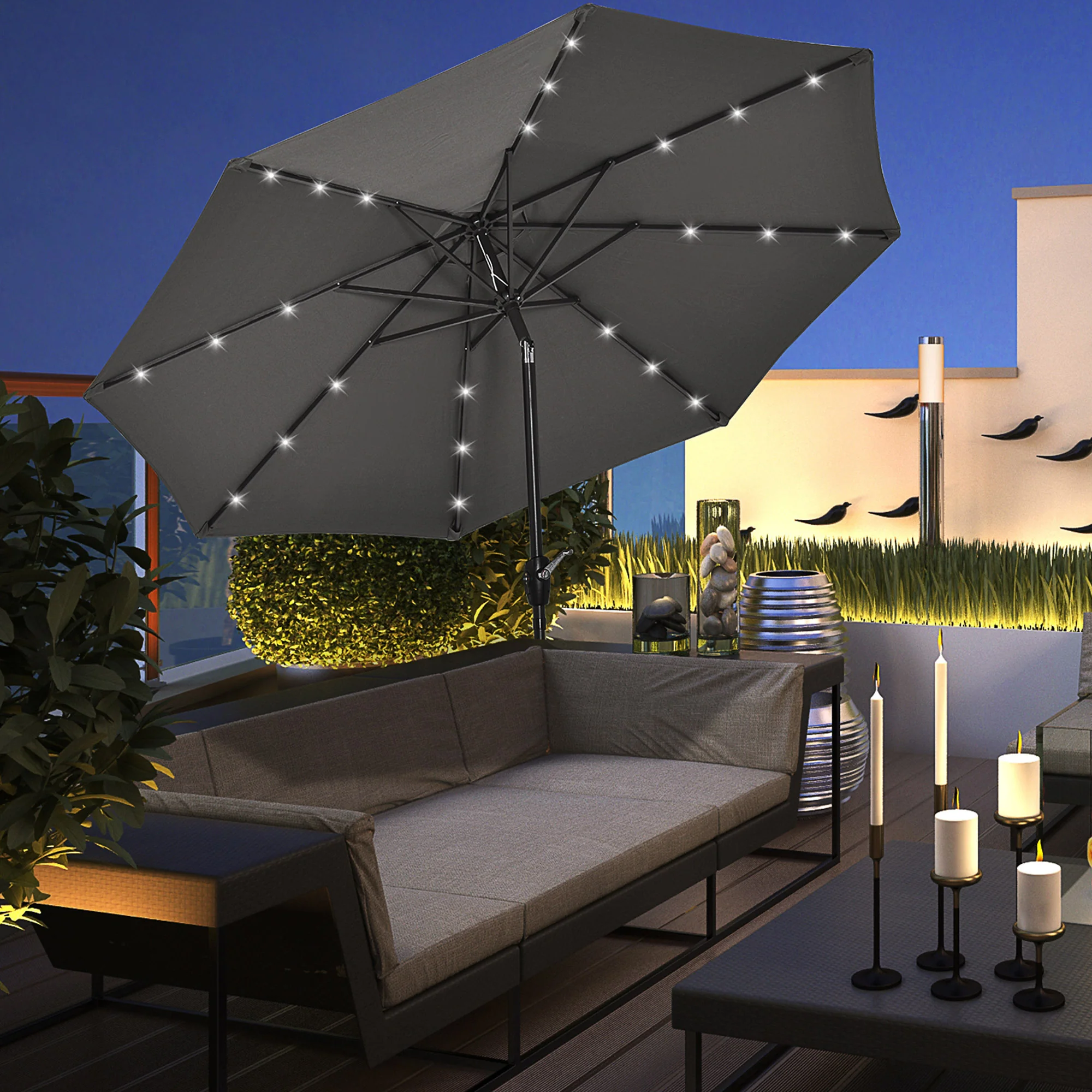 8.8' Solar Powered Patio Umbrella with LED Lights and Tilt, Dark Grey - Image 4