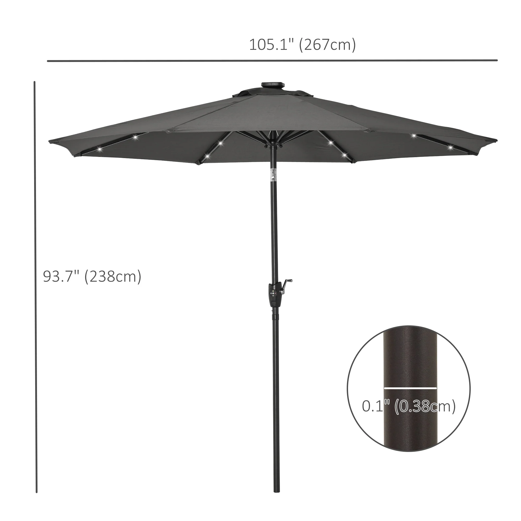8.8' Solar Powered Patio Umbrella with LED Lights and Tilt, Dark Grey - Image 5