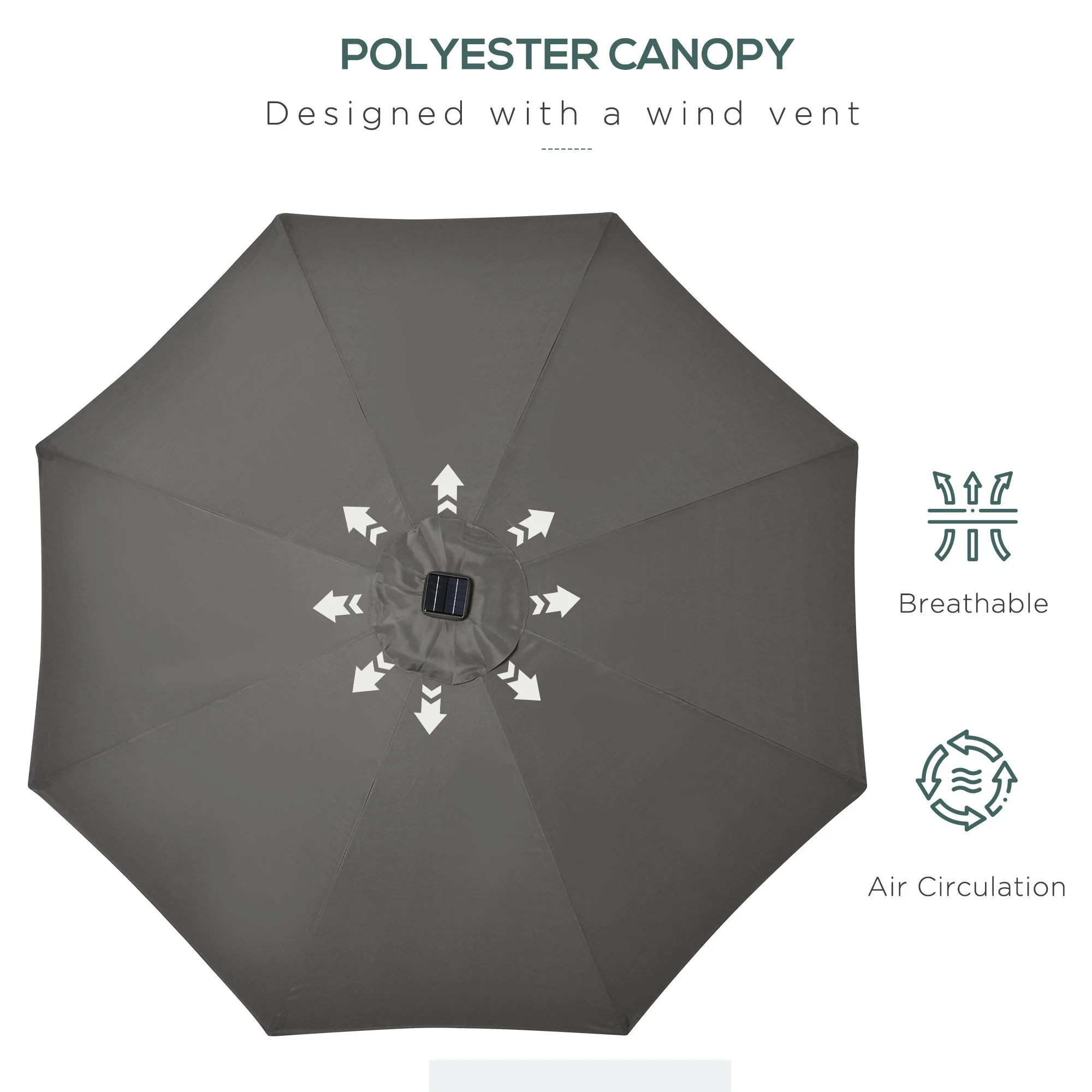 8.8' Solar Powered Patio Umbrella with LED Lights and Tilt, Dark Grey - Image 6