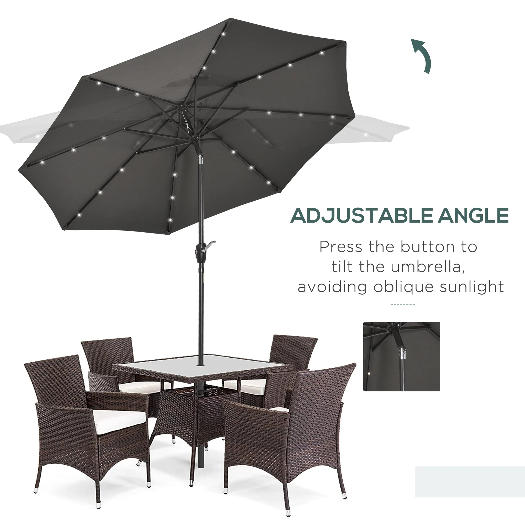 8.8' Solar Powered Patio Umbrella with LED Lights and Tilt, Dark Grey - Image 8