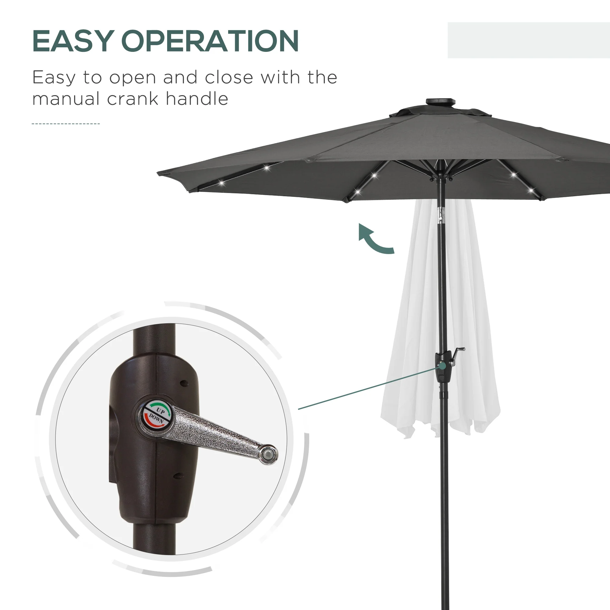 8.8' Solar Powered Patio Umbrella with LED Lights and Tilt, Dark Grey - Image 9