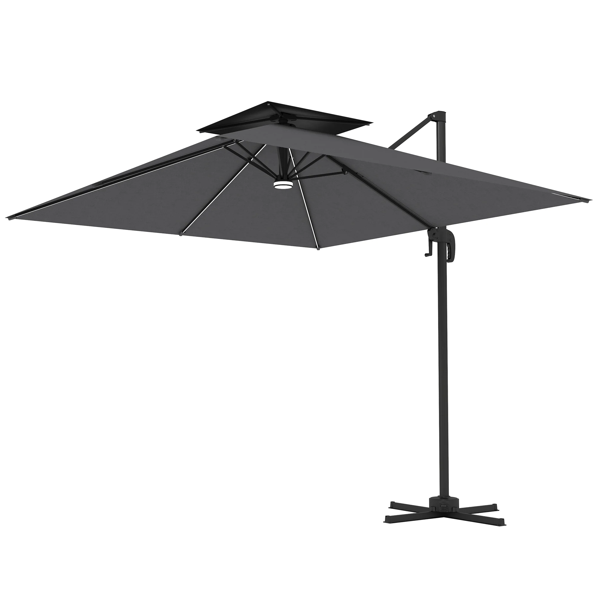 8' Solar LED Cantilever Umbrella with 360° Rotation & Tilt, Dark Grey - Image 2