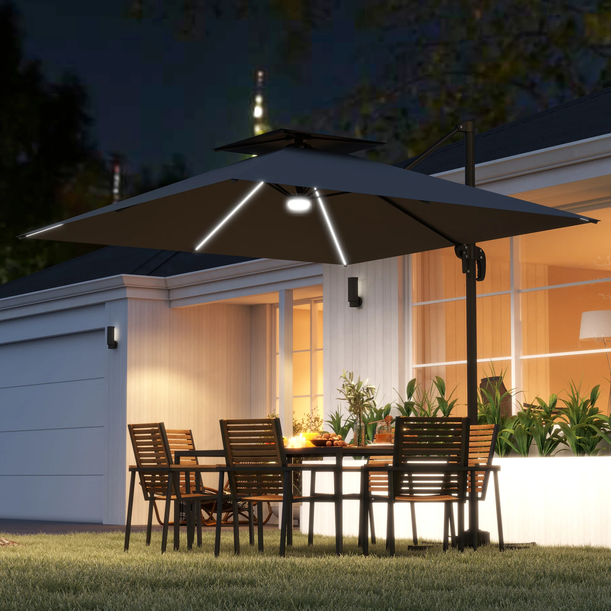 8' Solar LED Cantilever Umbrella with 360° Rotation & Tilt, Dark Grey - Image 3