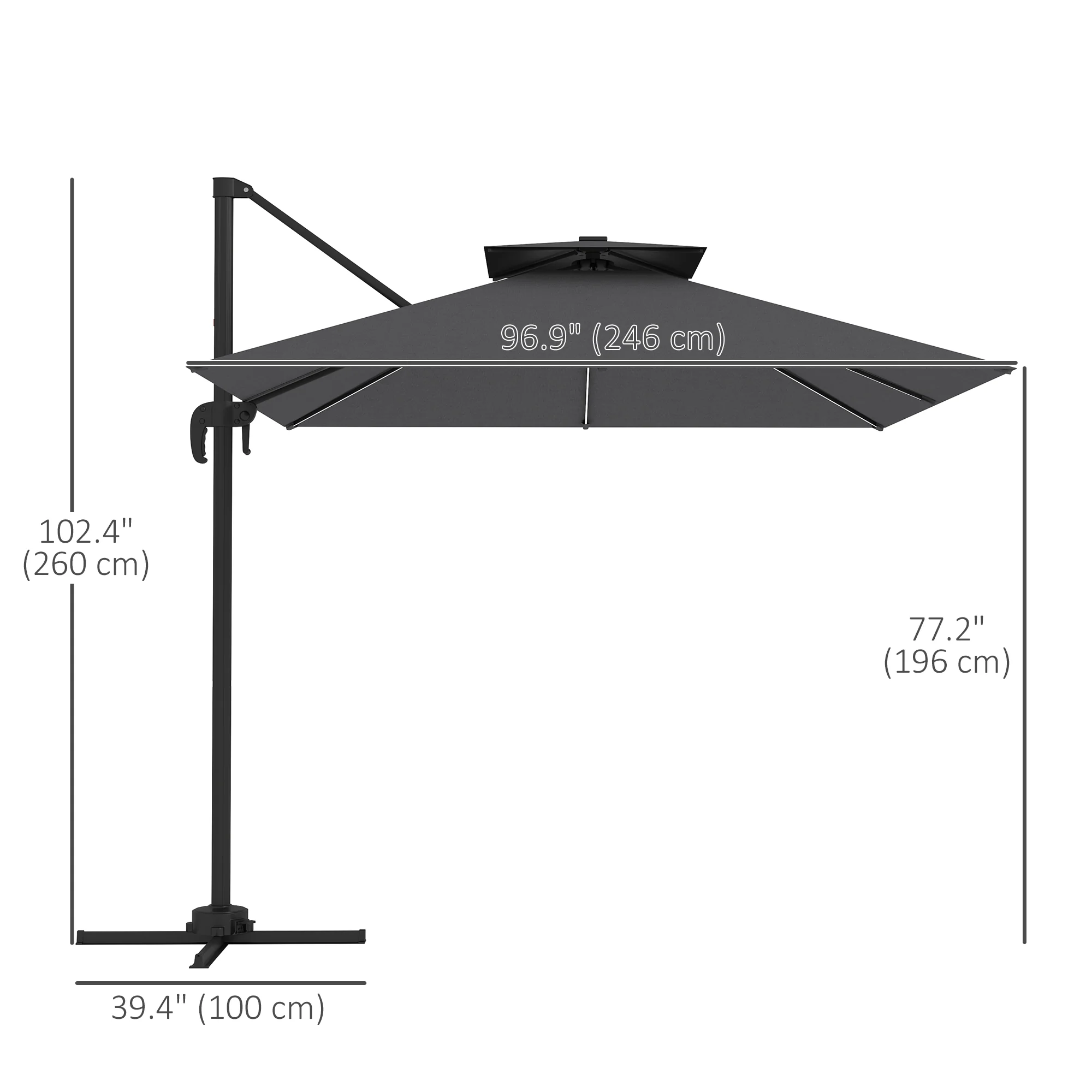 8' Solar LED Cantilever Umbrella with 360° Rotation & Tilt, Dark Grey - Image 5