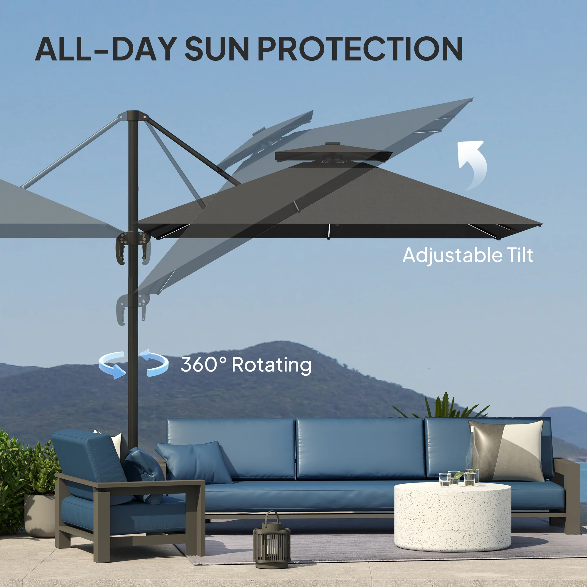 8' Solar LED Cantilever Umbrella with 360° Rotation & Tilt, Dark Grey - Image 6