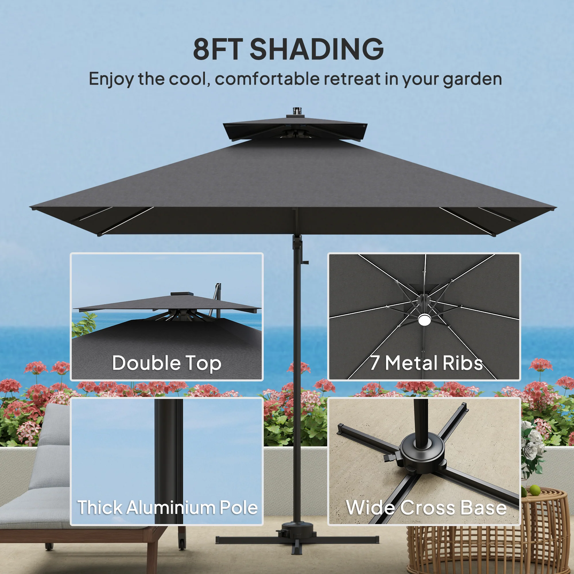 8' Solar LED Cantilever Umbrella with 360° Rotation & Tilt, Dark Grey - Image 9