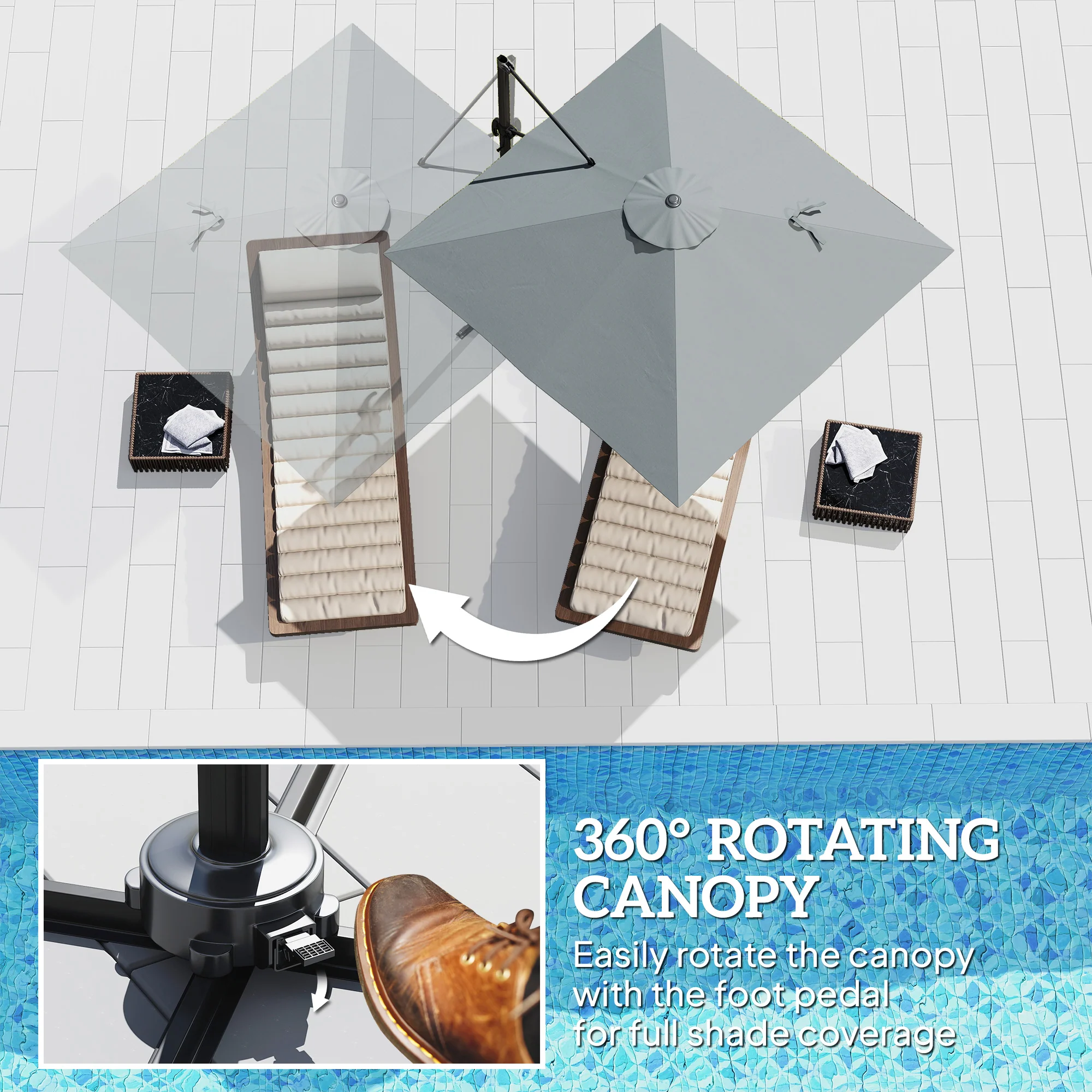 8' Square Cantilever Umbrella, UPF50+, 360° Rotation, Dark Grey - Image 7