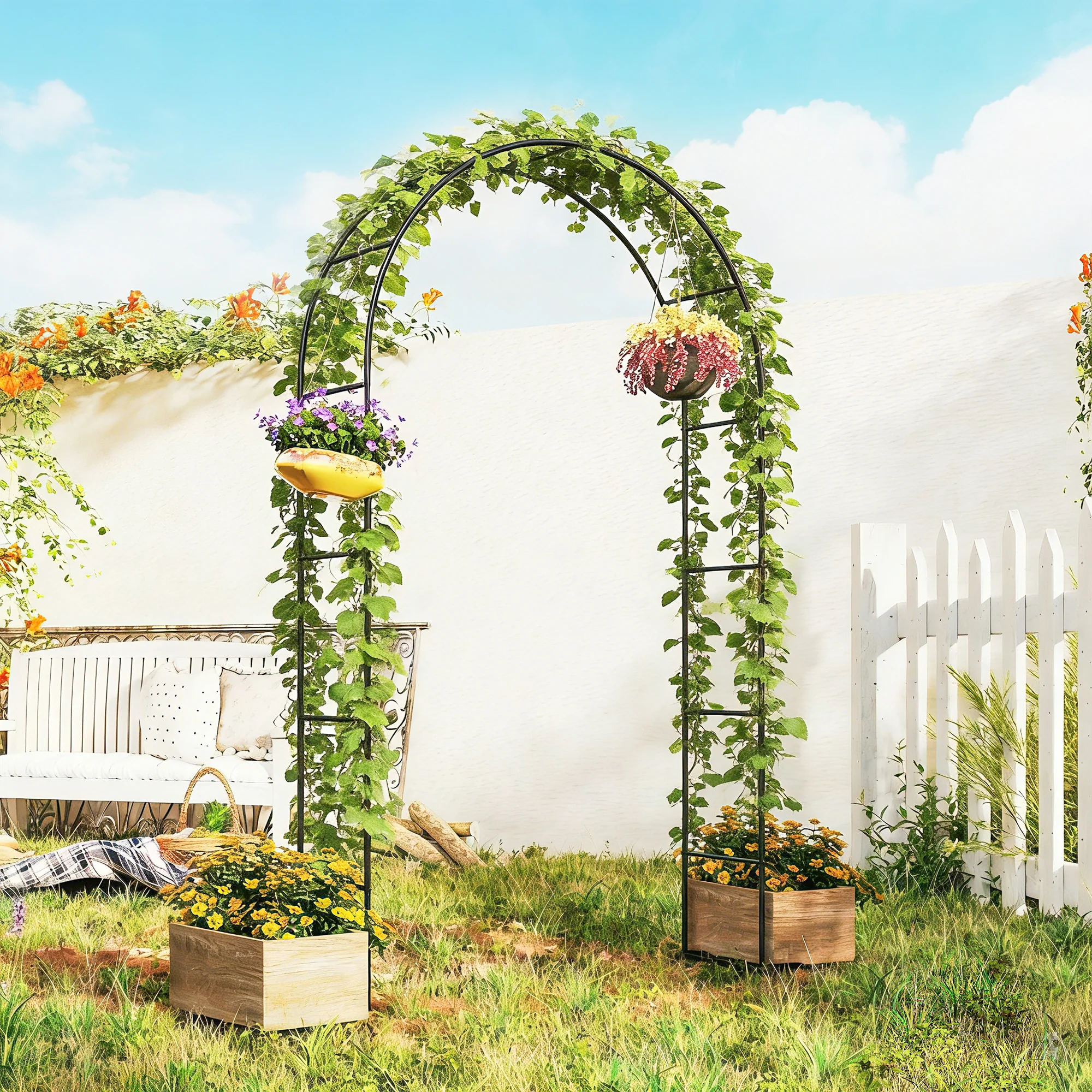 8 ft Steel Garden Arch Trellis with Base, Black - Image 4