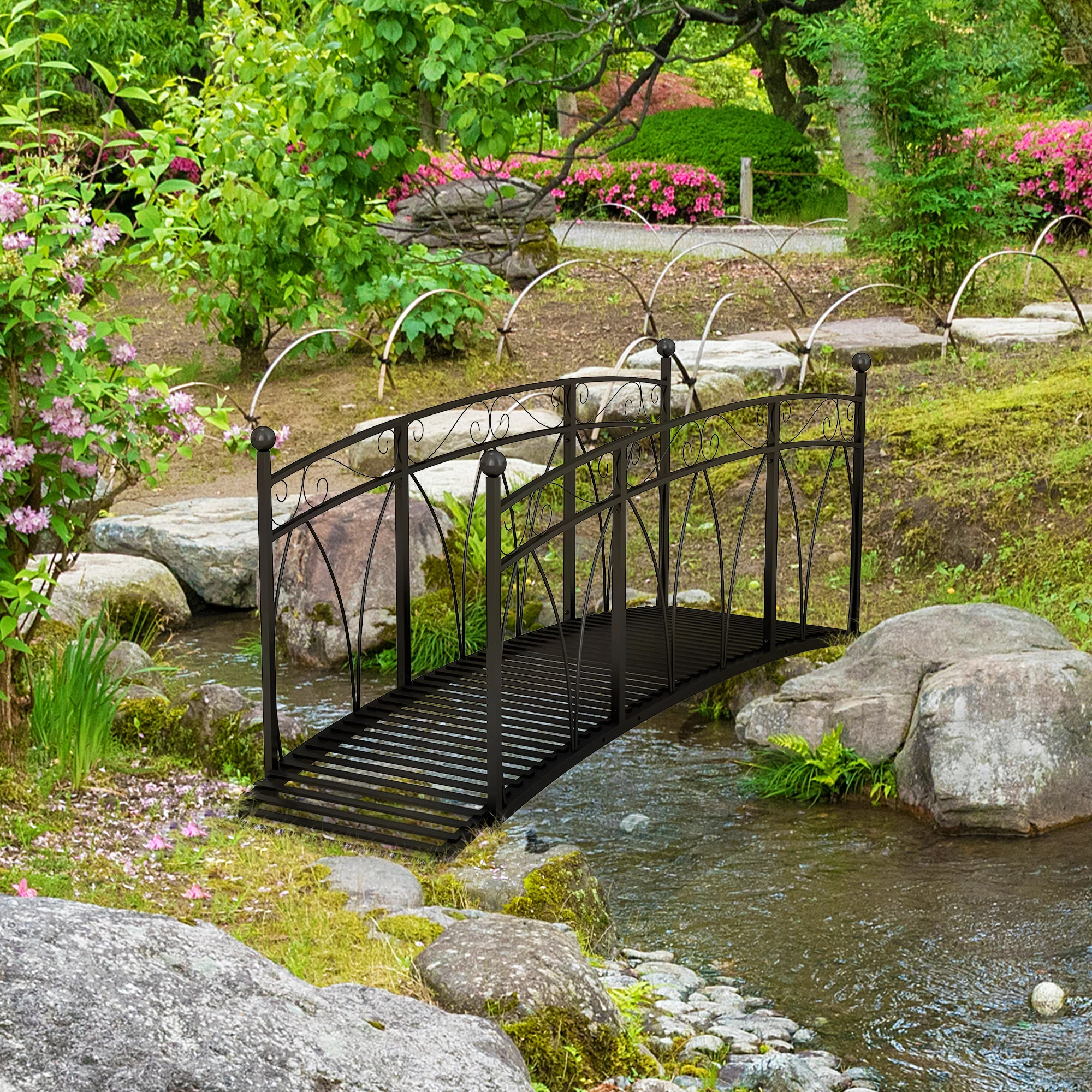 8' Metal Arch Garden Bridge with Safety Railings, Decorative Arc Footbridge with Delicate Scrollwork, Pond Bridge for Backyard Creek Stream, Black - Image 3