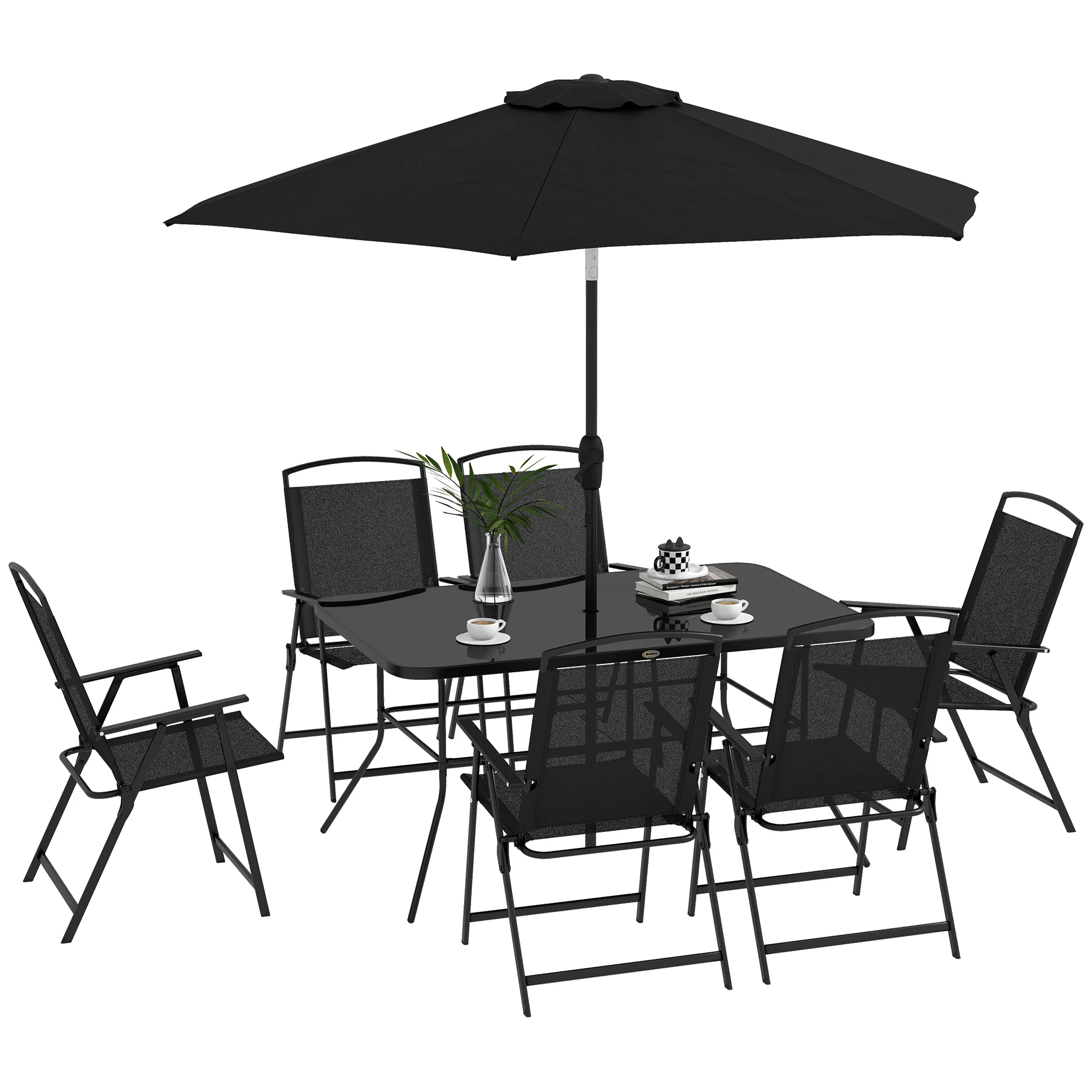 8 Piece Patio Set with Umbrella, Outdoor Dining Table & 6 Folding Chairs w/ Mesh Seat, Black