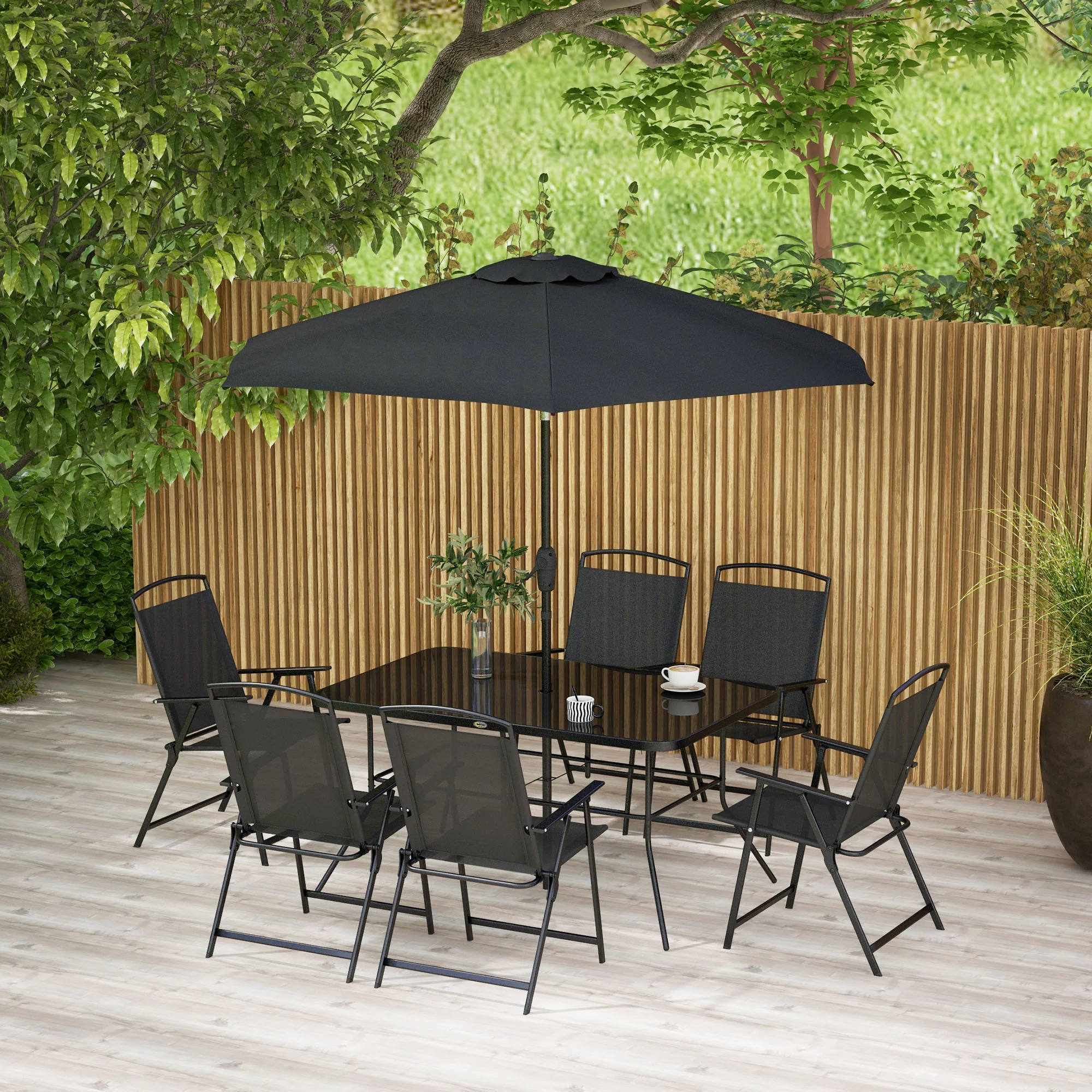 8 Piece Patio Set with Umbrella, Outdoor Dining Table & 6 Folding Chairs w/ Mesh Seat, Black - Image 3