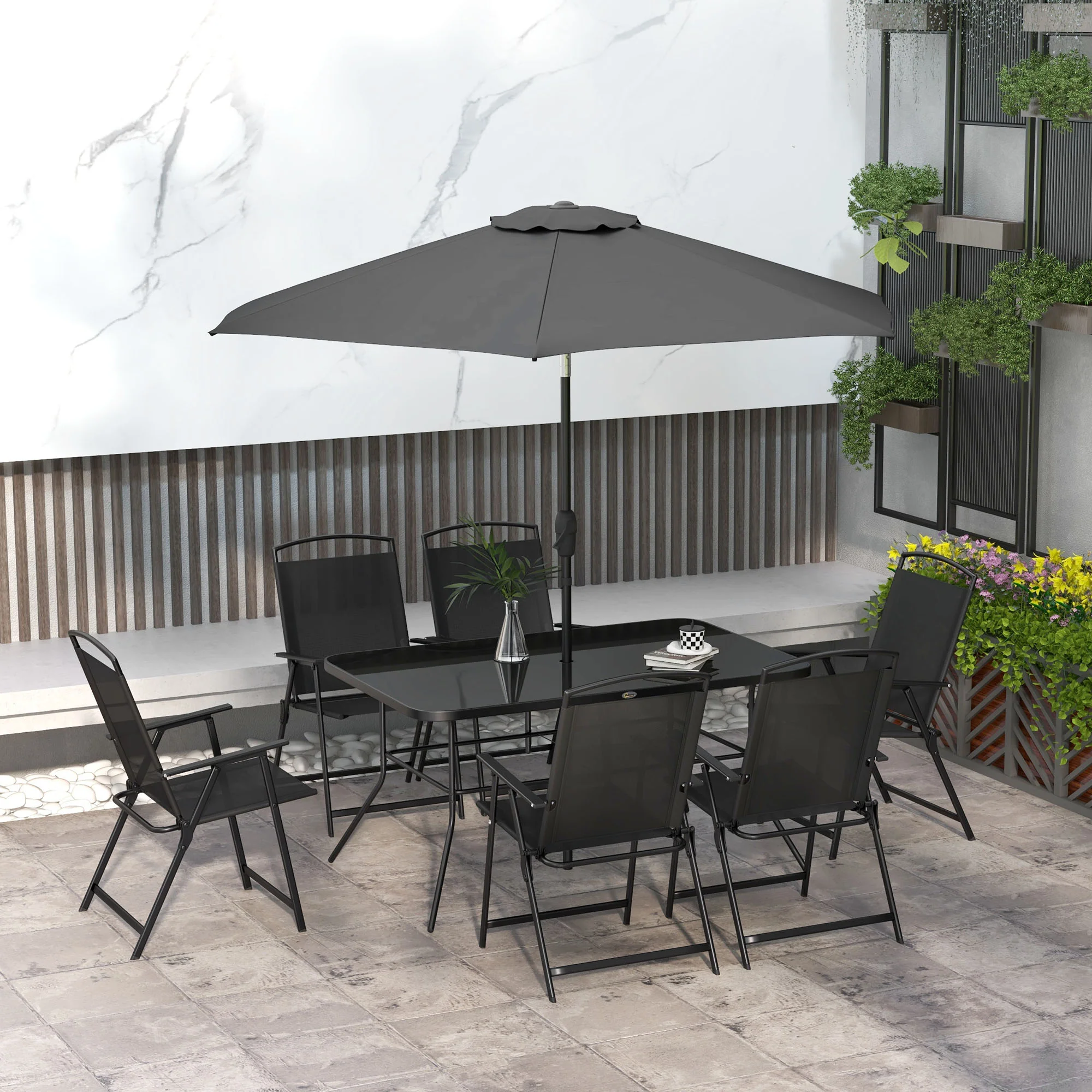 8 Piece Patio Set with Umbrella, Outdoor Dining Table & 6 Folding Chairs w/ Mesh Seat, Black - Image 4