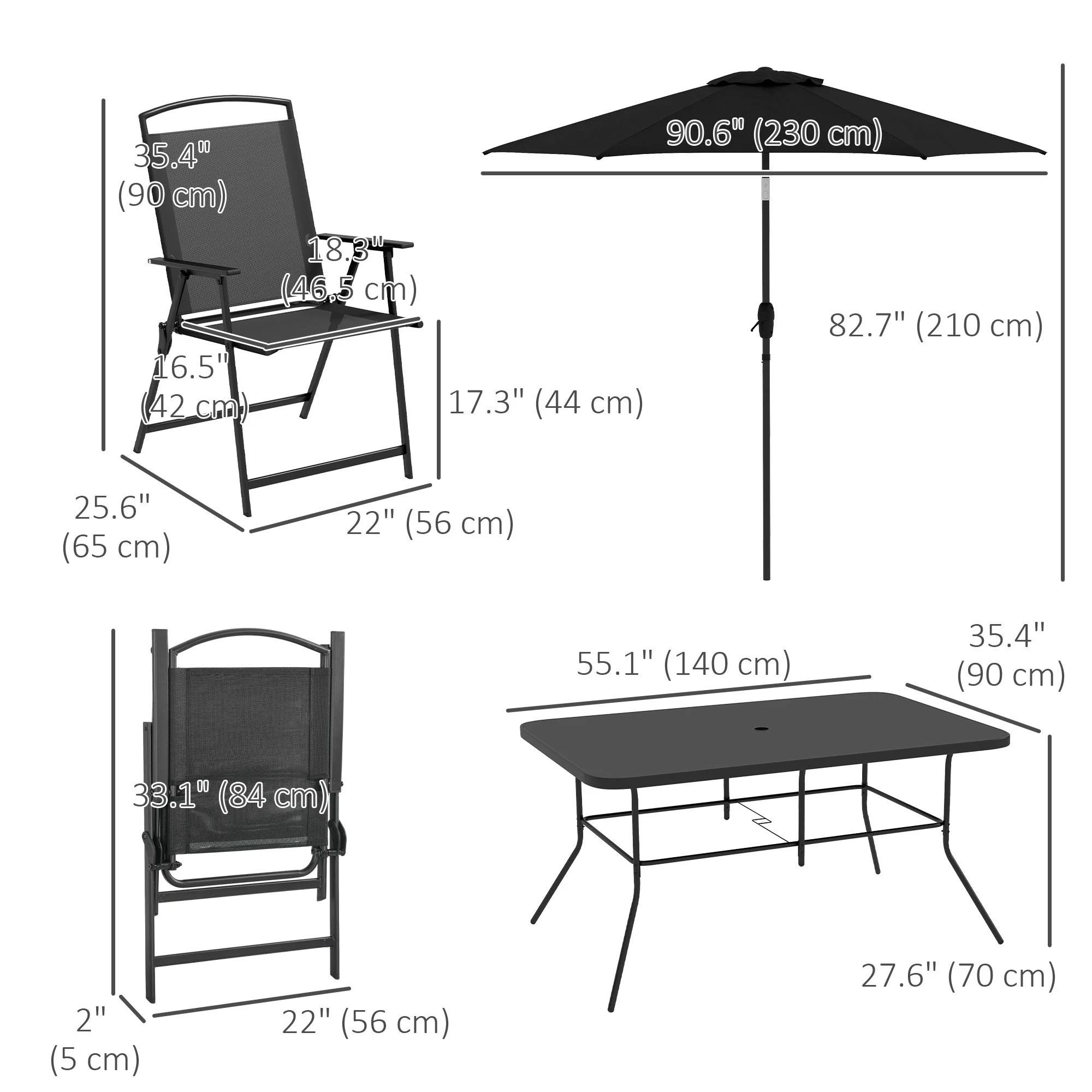 8 Piece Patio Set with Umbrella, Outdoor Dining Table & 6 Folding Chairs w/ Mesh Seat, Black - Image 5