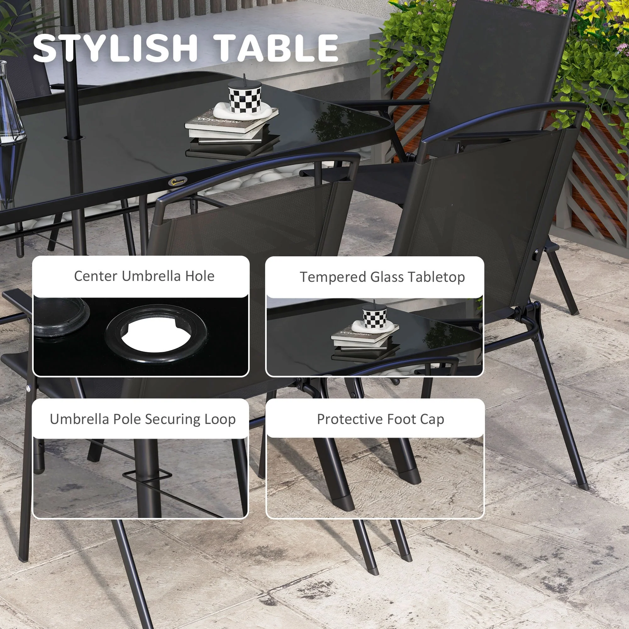 8 Piece Patio Set with Umbrella, Outdoor Dining Table & 6 Folding Chairs w/ Mesh Seat, Black - Image 6