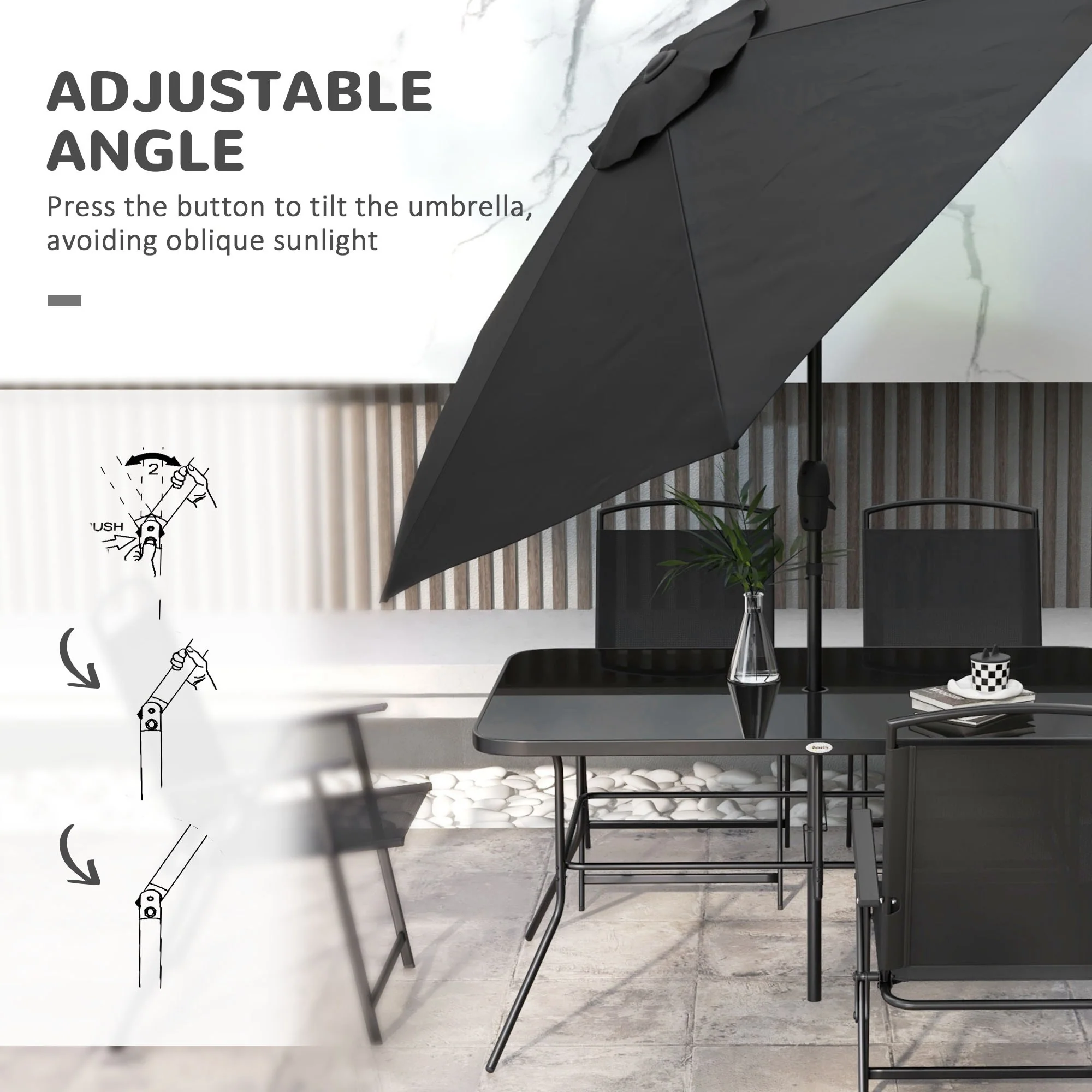 8 Piece Patio Set with Umbrella, Outdoor Dining Table & 6 Folding Chairs w/ Mesh Seat, Black - Image 8