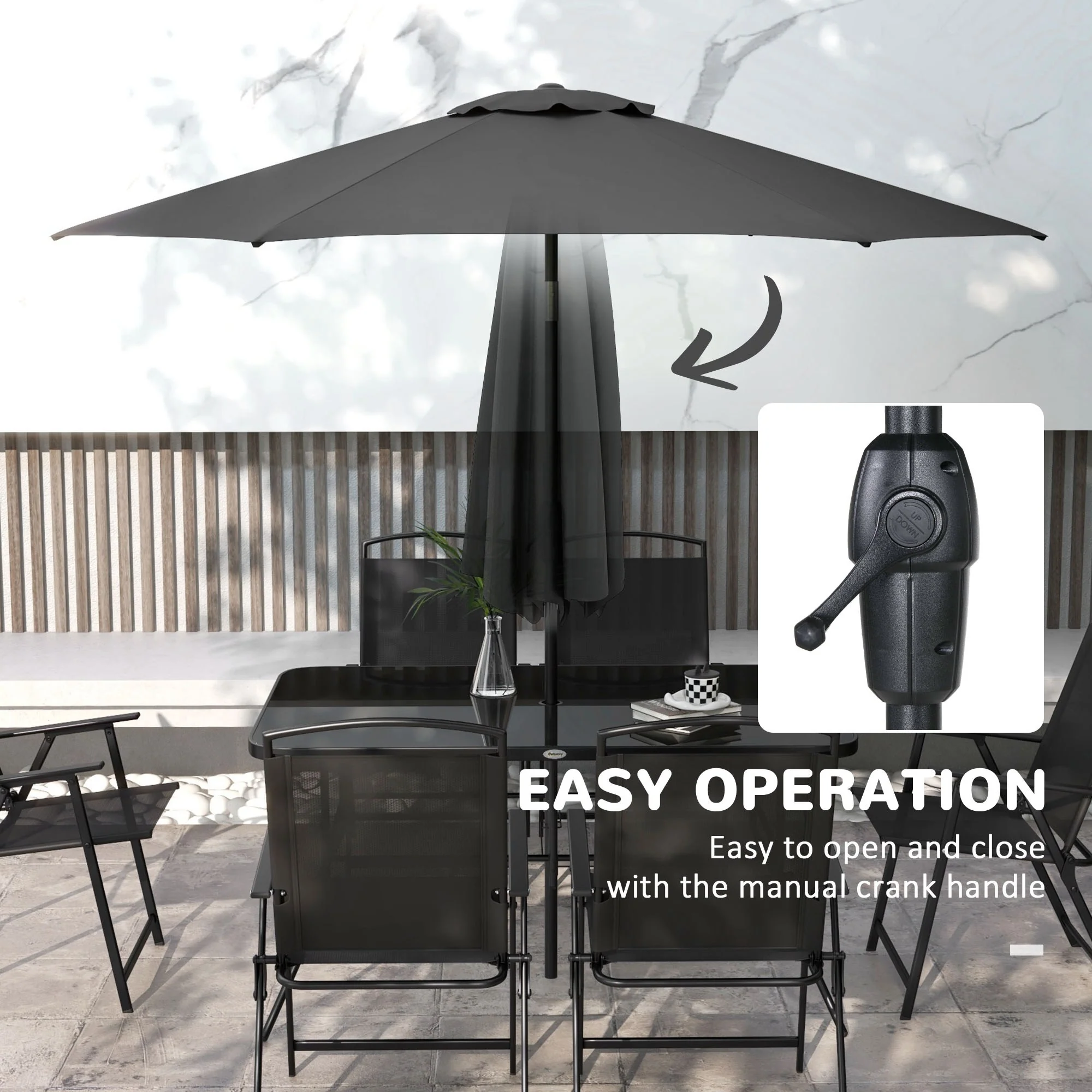 8 Piece Patio Set with Umbrella, Outdoor Dining Table & 6 Folding Chairs w/ Mesh Seat, Black - Image 9