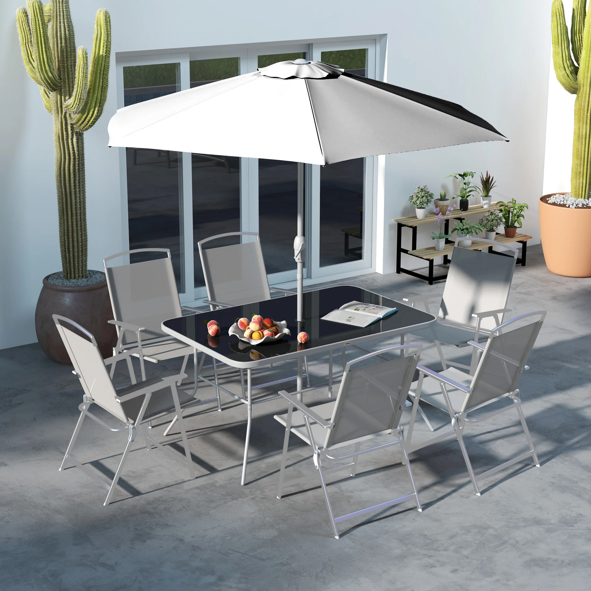 8 Piece Patio Set with Umbrella, Outdoor Dining Table & 6 Folding Chairs w/ Mesh Seat, Grey - Image 3