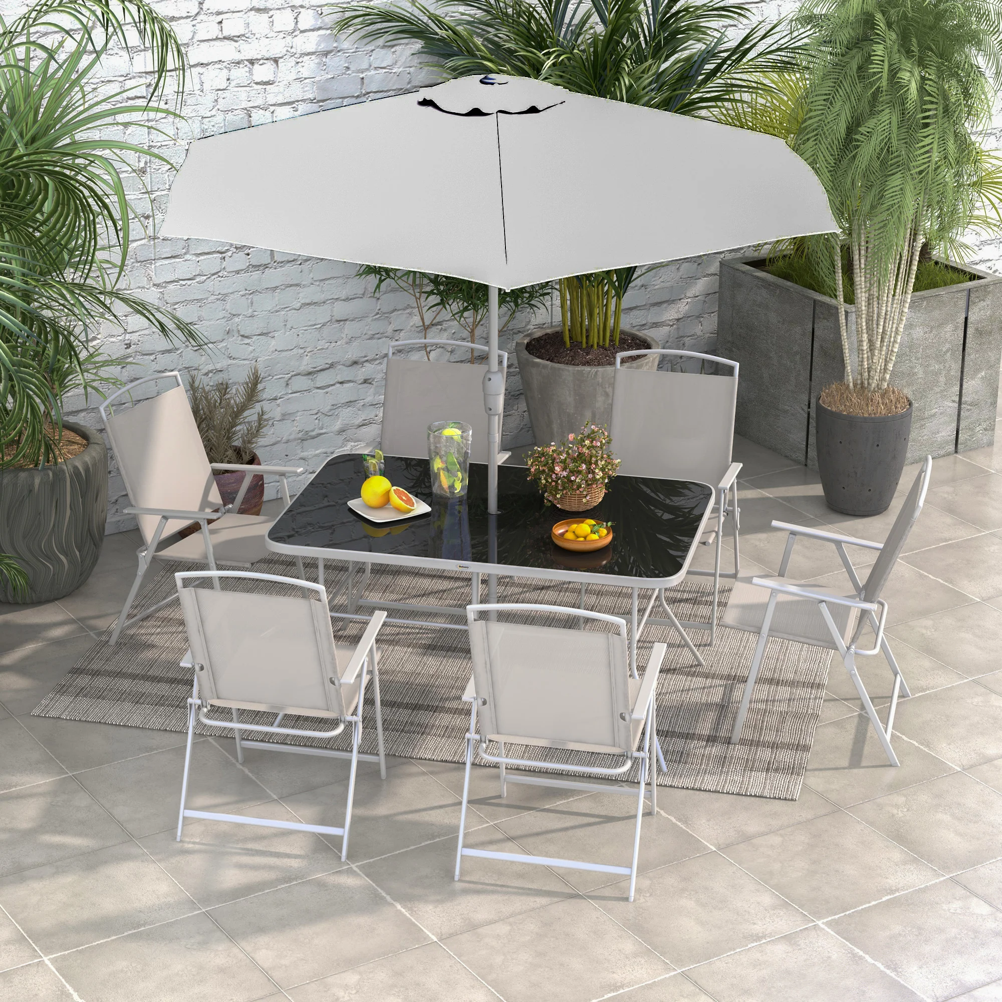 8 Piece Patio Set with Umbrella, Outdoor Dining Table & 6 Folding Chairs w/ Mesh Seat, Grey - Image 4