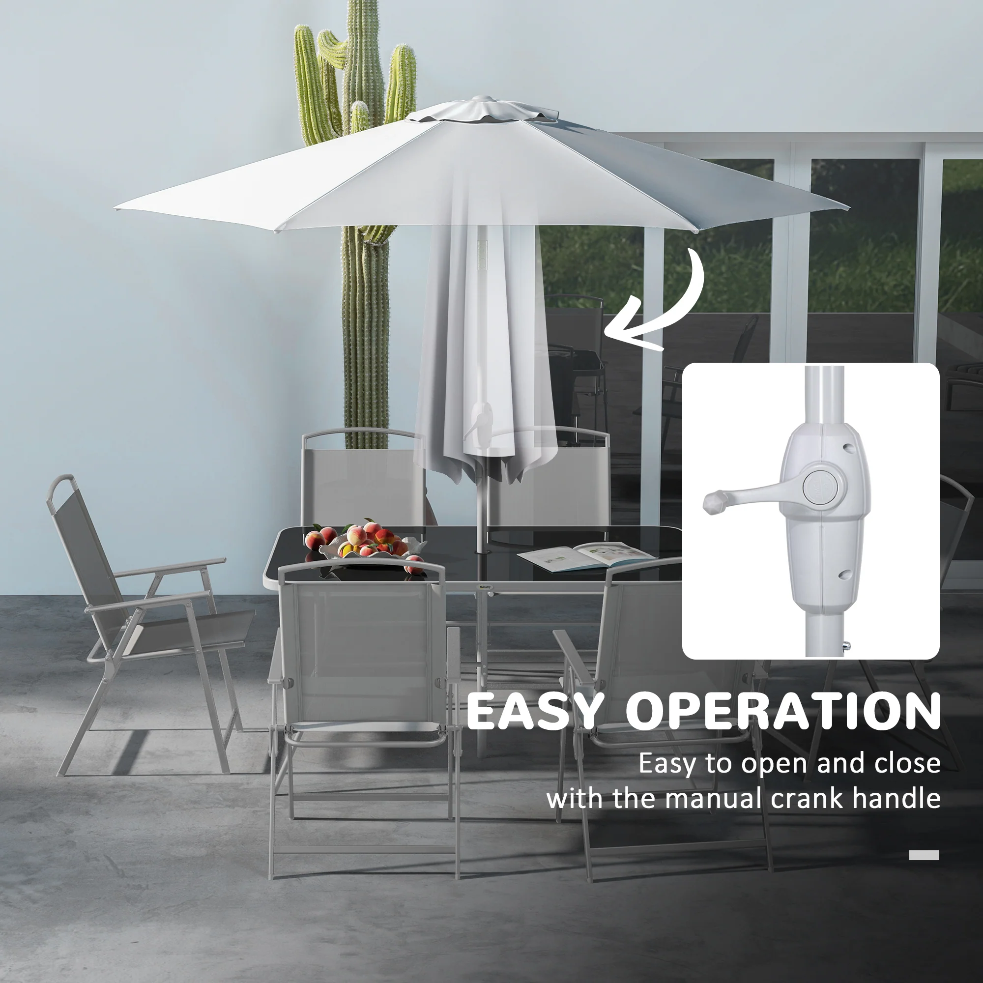 8 Piece Patio Set with Umbrella, Outdoor Dining Table & 6 Folding Chairs w/ Mesh Seat, Grey - Image 9