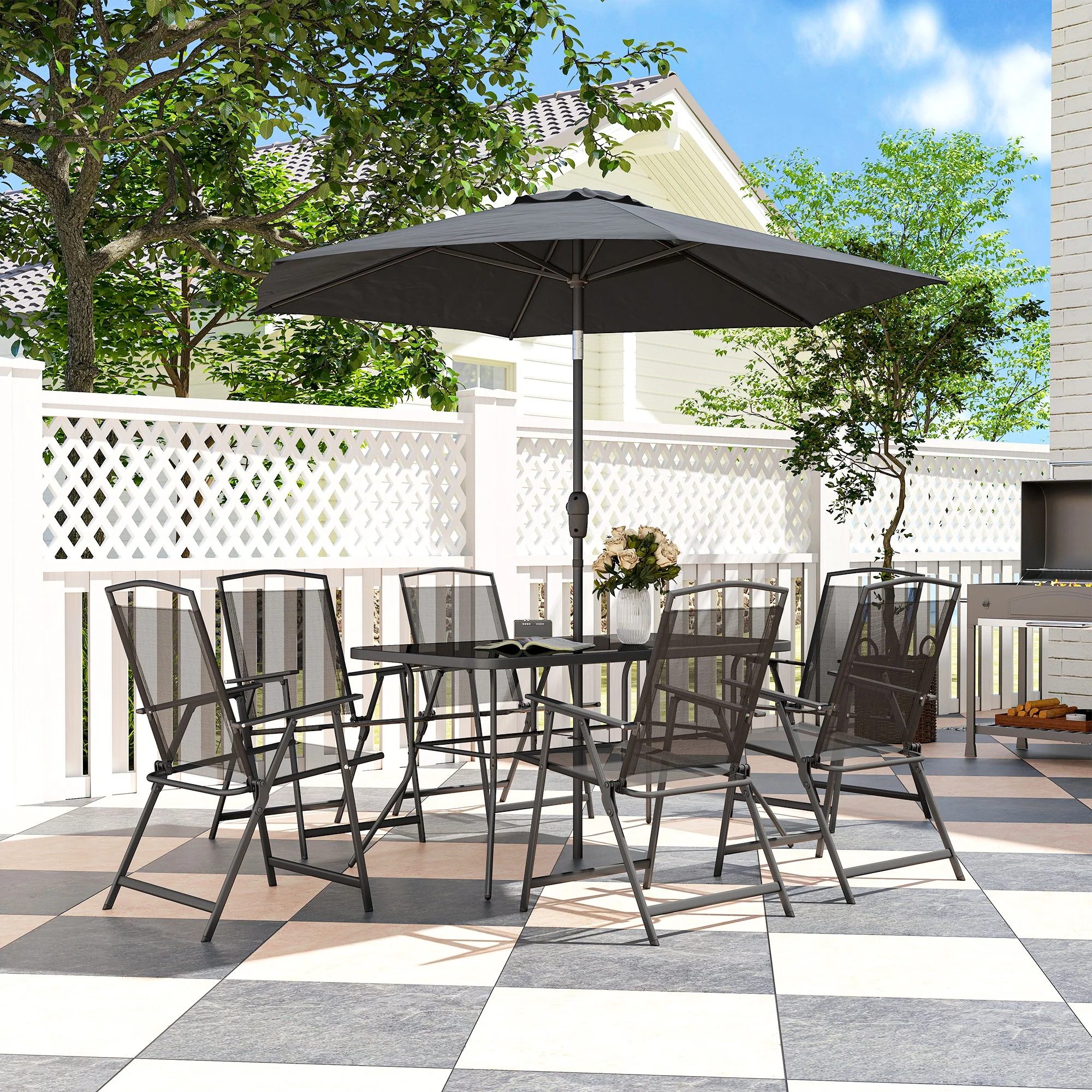 8-Piece Patio Dining Set with Table Umbrella, Black - Image 11