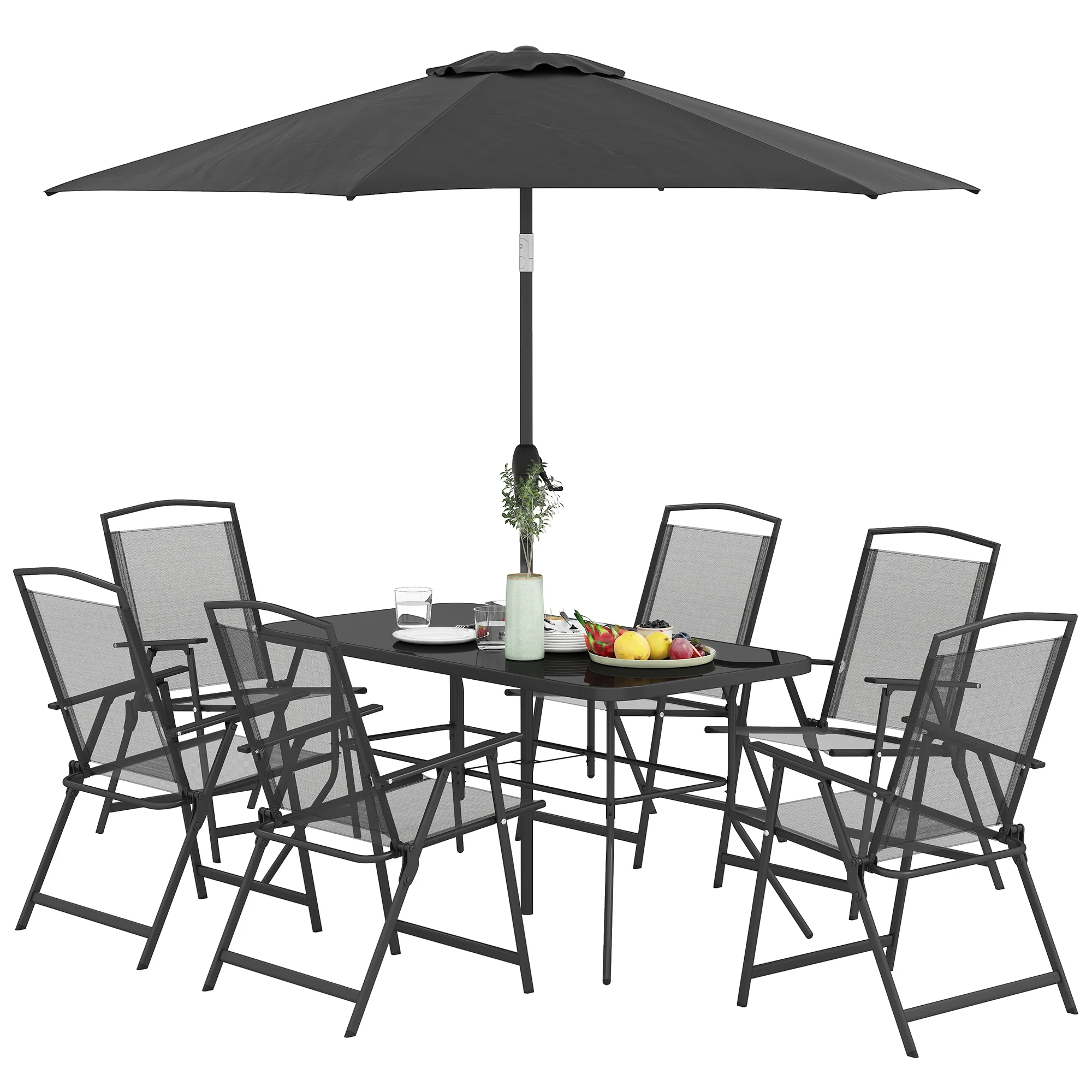 8-Piece Patio Dining Set with Table Umbrella, Black - Image 2