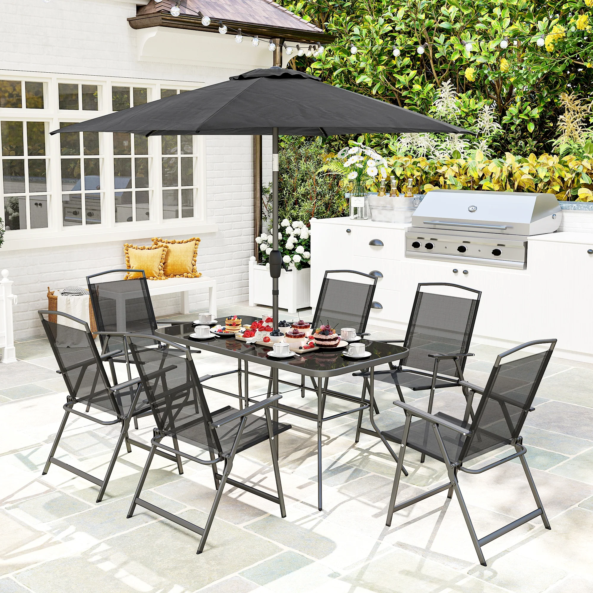 8-Piece Patio Dining Set with Table Umbrella, Black - Image 3