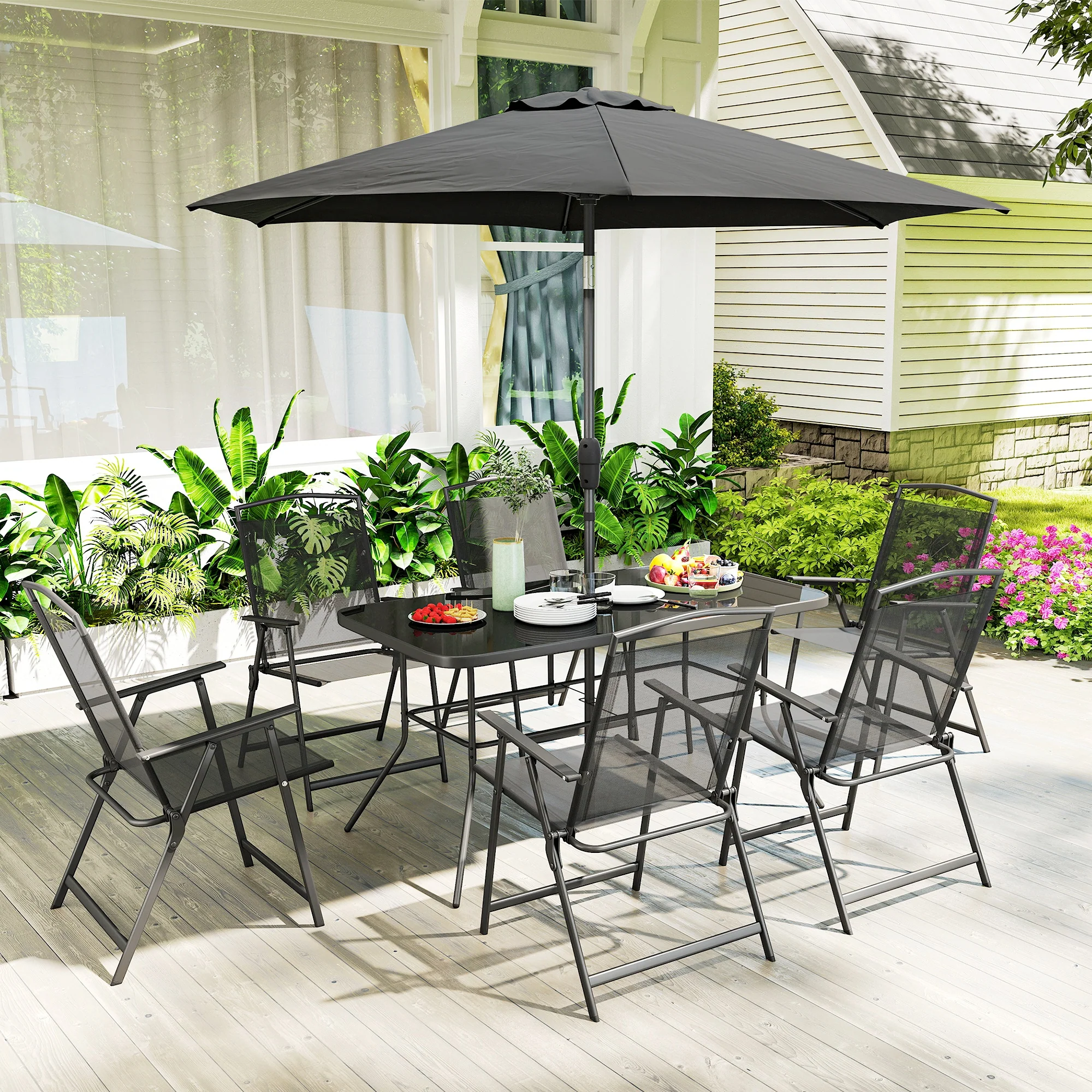 8-Piece Patio Dining Set with Table Umbrella, Black - Image 4