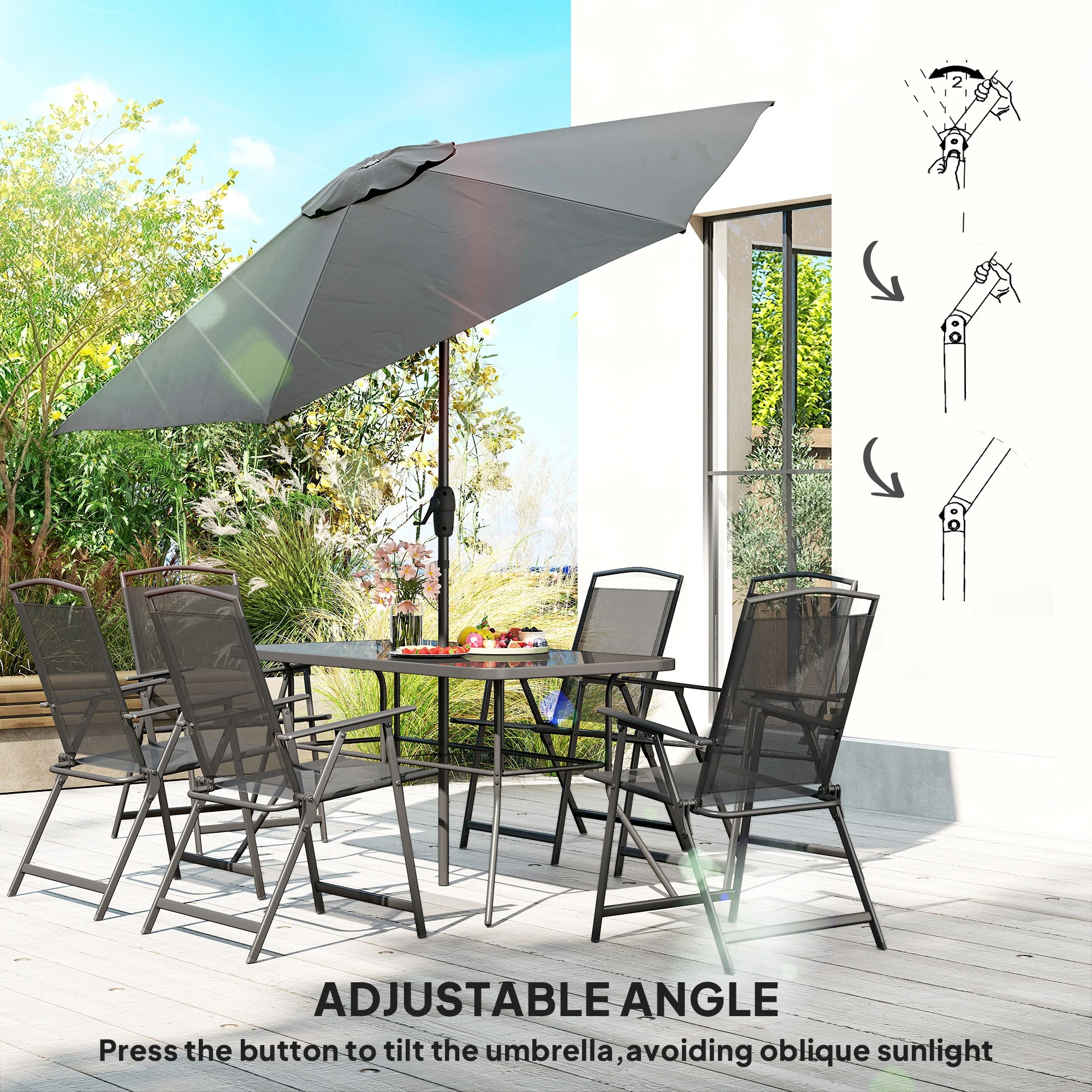 8-Piece Patio Dining Set with Table Umbrella, Black - Image 8