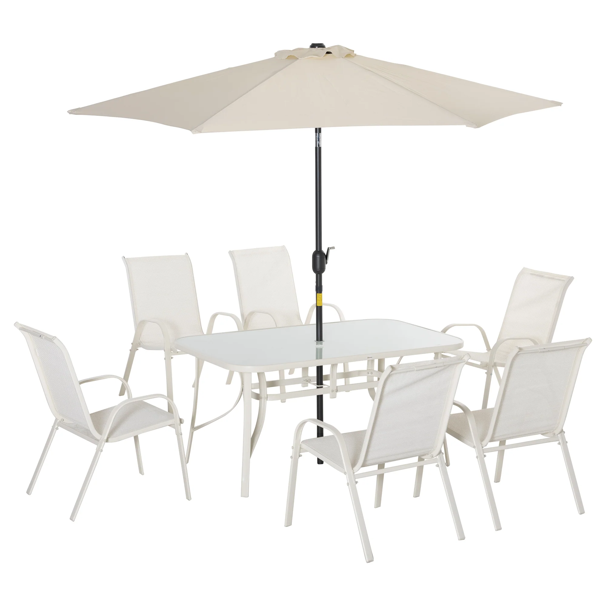 8 Pieces Outdoor Patio Dining Set with Umbrella, 6 Sling Chairs and Table, Cream White