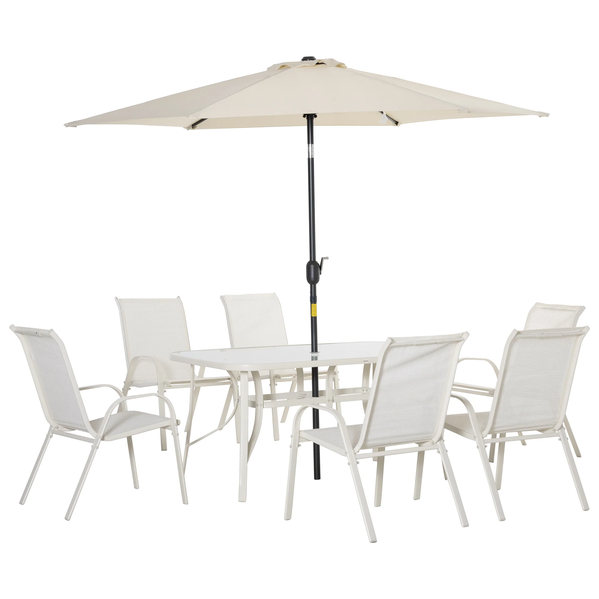 8 Pieces Outdoor Patio Dining Set with Umbrella, 6 Sling Chairs and Table, Cream White - Image 2