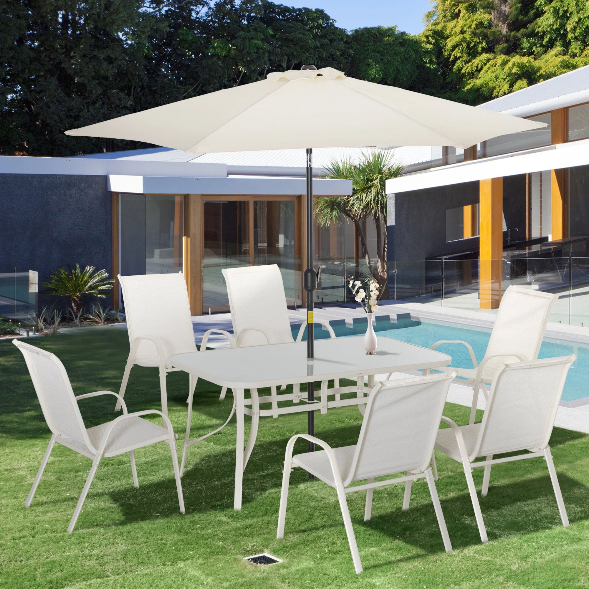 8 Pieces Outdoor Patio Dining Set with Umbrella, 6 Sling Chairs and Table, Cream White - Image 3