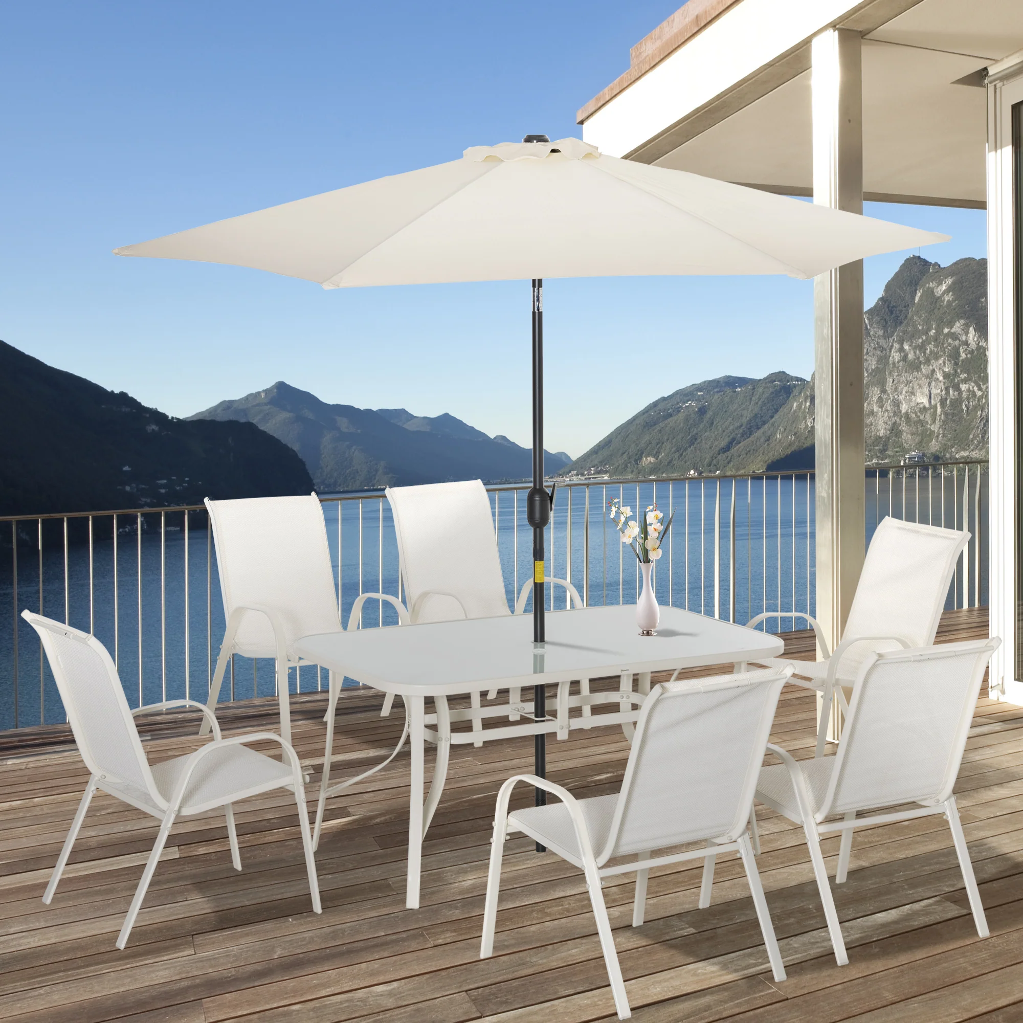8 Pieces Outdoor Patio Dining Set with Umbrella, 6 Sling Chairs and Table, Cream White - Image 4
