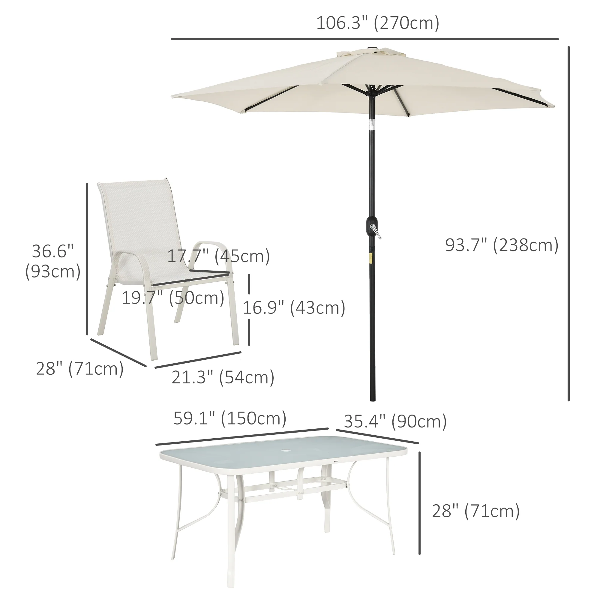 8 Pieces Outdoor Patio Dining Set with Umbrella, 6 Sling Chairs and Table, Cream White - Image 5