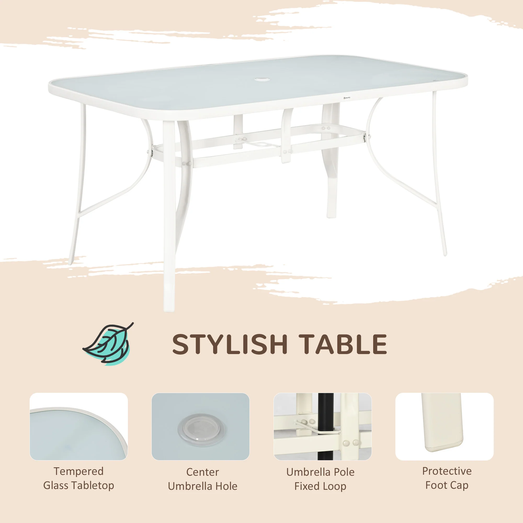 8 Pieces Outdoor Patio Dining Set with Umbrella, 6 Sling Chairs and Table, Cream White - Image 6