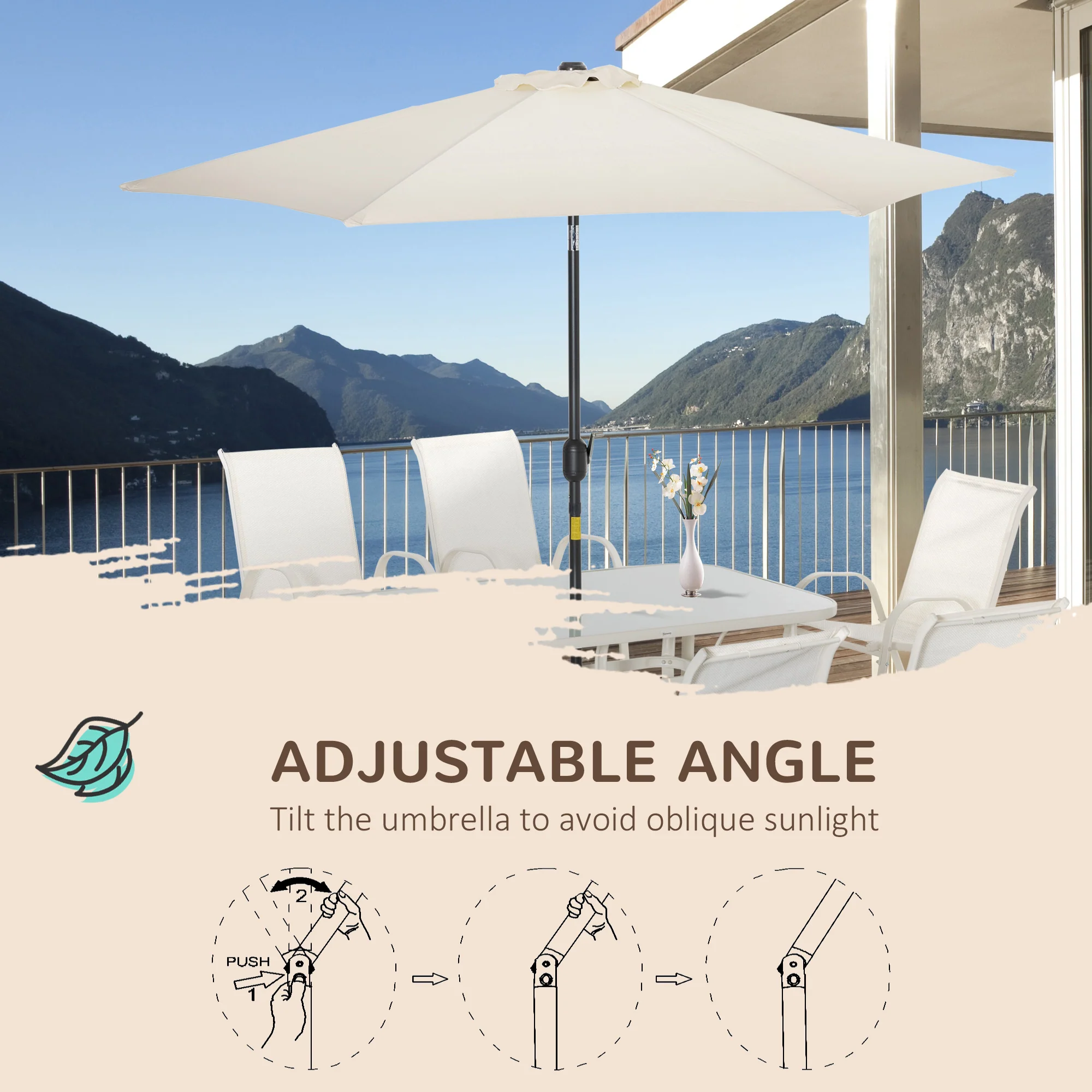 8 Pieces Outdoor Patio Dining Set with Umbrella, 6 Sling Chairs and Table, Cream White - Image 7