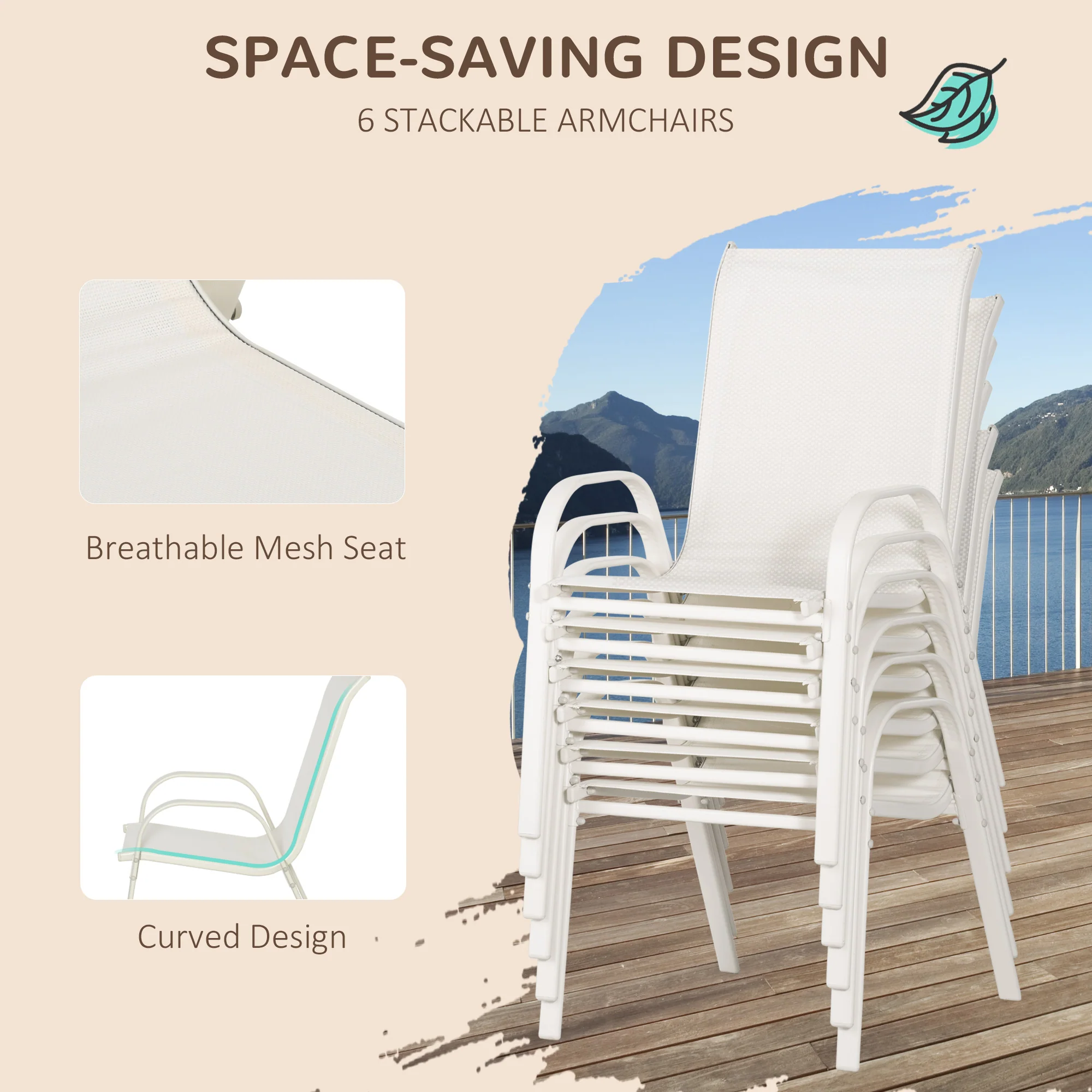 8 Pieces Outdoor Patio Dining Set with Umbrella, 6 Sling Chairs and Table, Cream White - Image 8