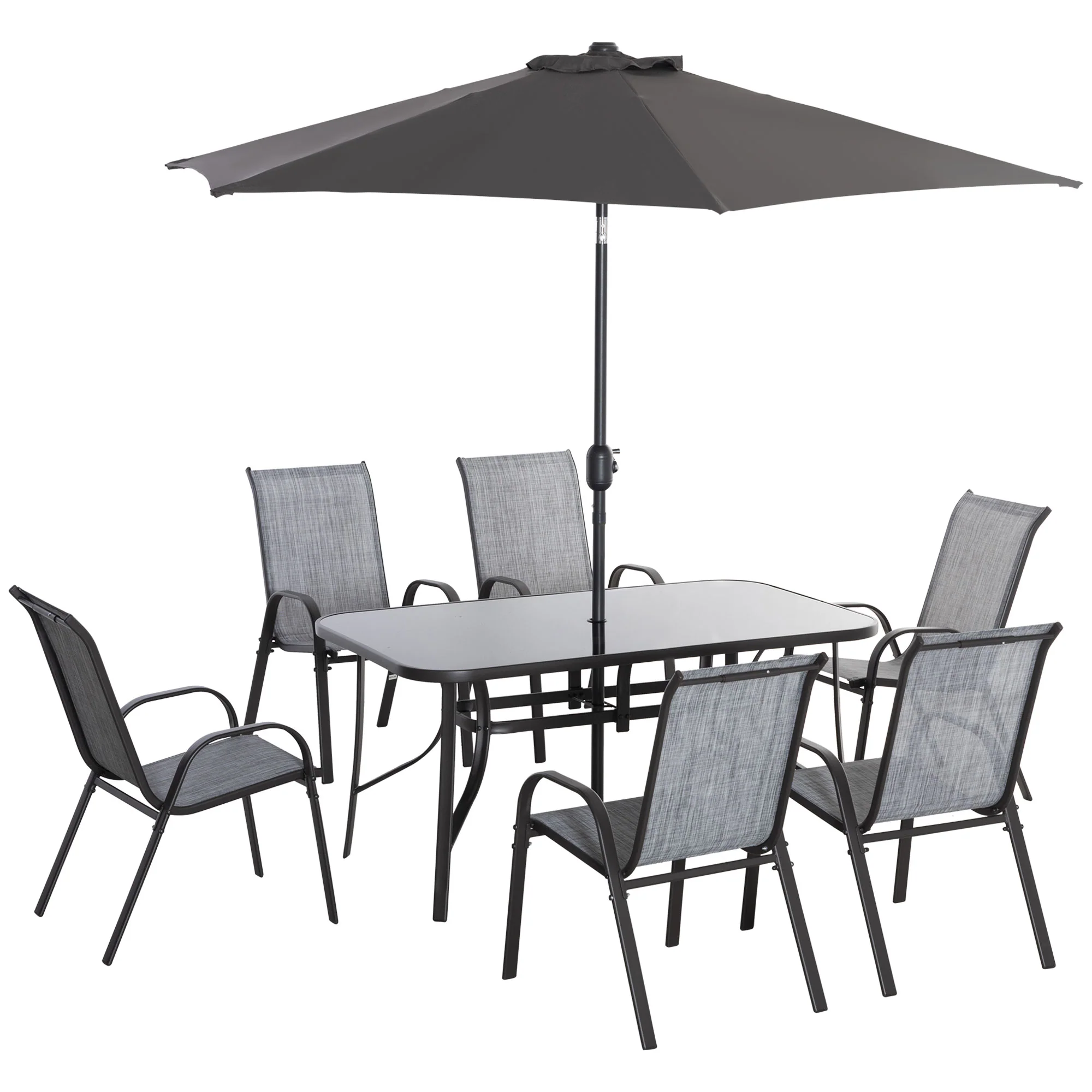 8 Pieces Patio Dining Set with Umbrella, Aluminum Frame Outdoor Table & 6 , Grey - Image 12