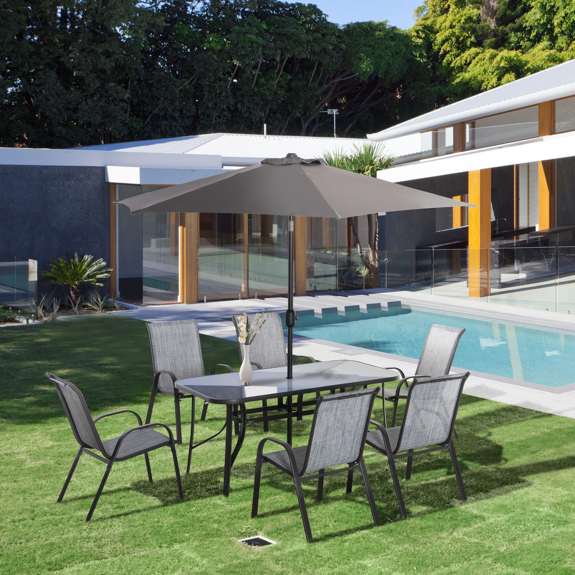 8 Pieces Patio Dining Set with Umbrella, Aluminum Frame Outdoor Table & 6 , Grey - Image 3