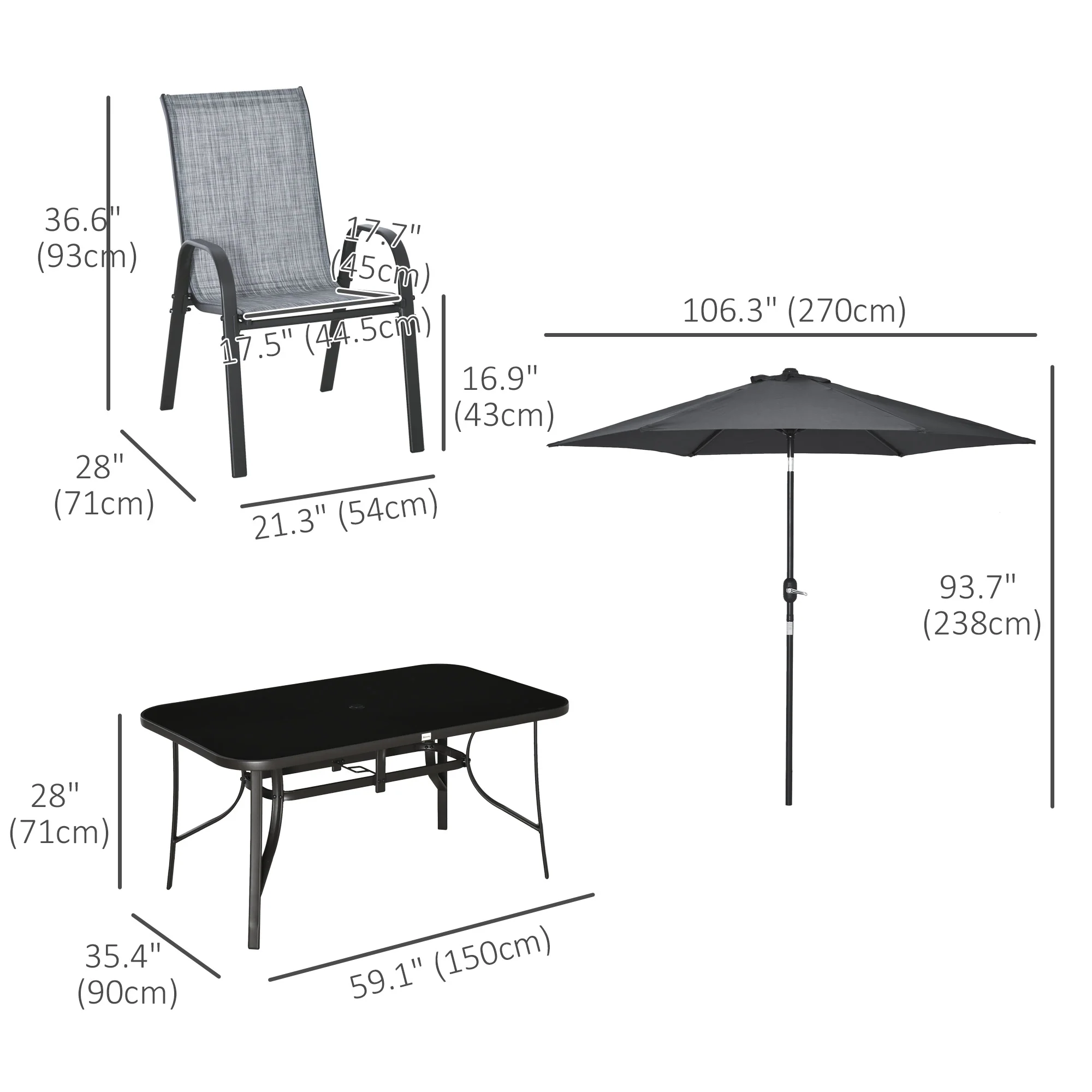 8 Pieces Patio Dining Set with Umbrella, Aluminum Frame Outdoor Table & 6 , Grey - Image 5