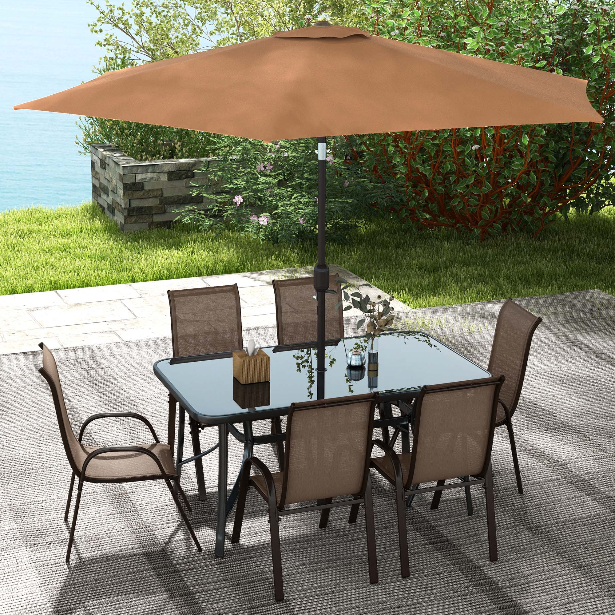8-Piece Patio Dining Set with 9 Ft Table Umbrella, Mixed Brown - Image 3