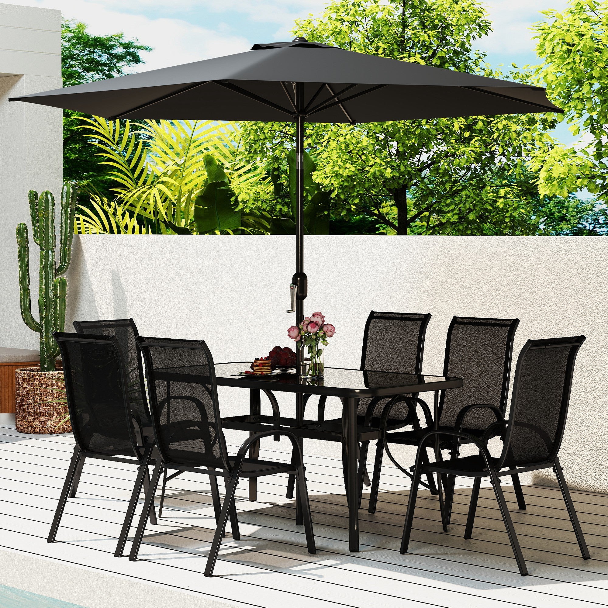 8-Piece Patio Dining Set with 9 Ft Umbrella, Black - Image 4