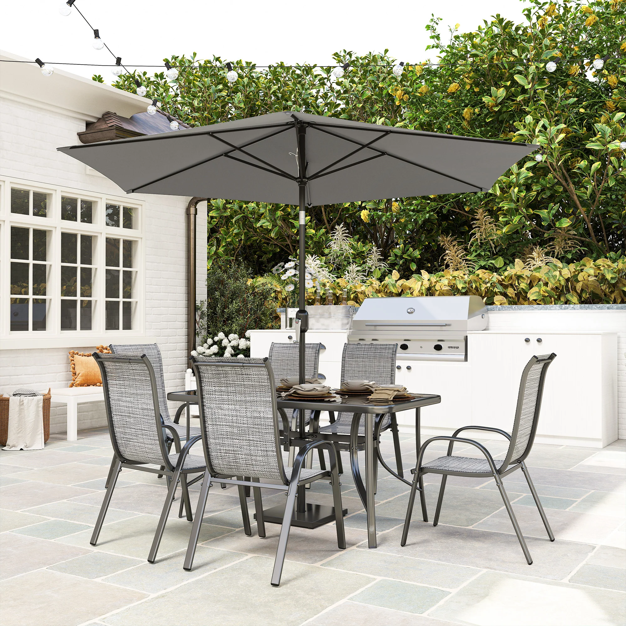 8-Piece Patio Dining Set with 9 Ft Umbrella, Mixed Gray - Image 11