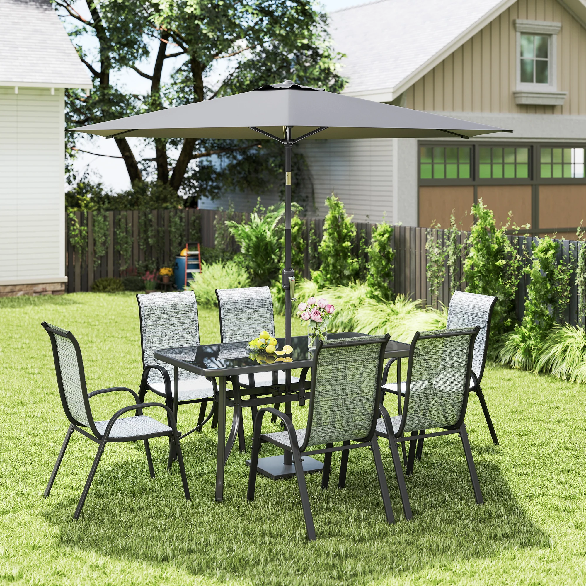8-Piece Patio Dining Set with 9 Ft Umbrella, Mixed Gray - Image 3