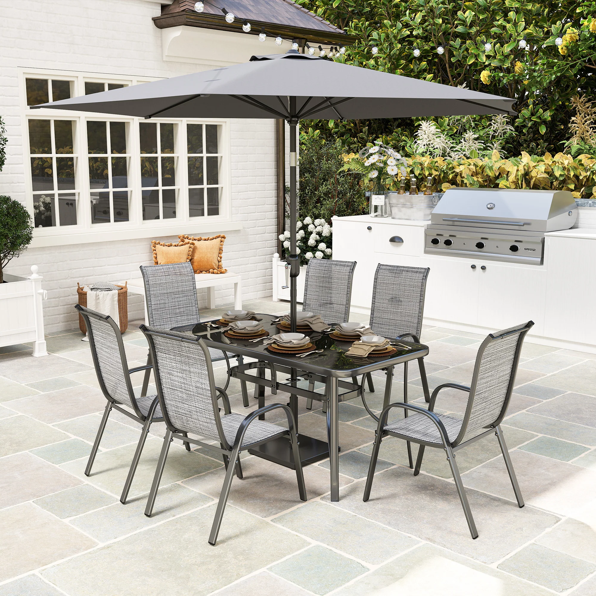 8-Piece Patio Dining Set with 9 Ft Umbrella, Mixed Gray - Image 4