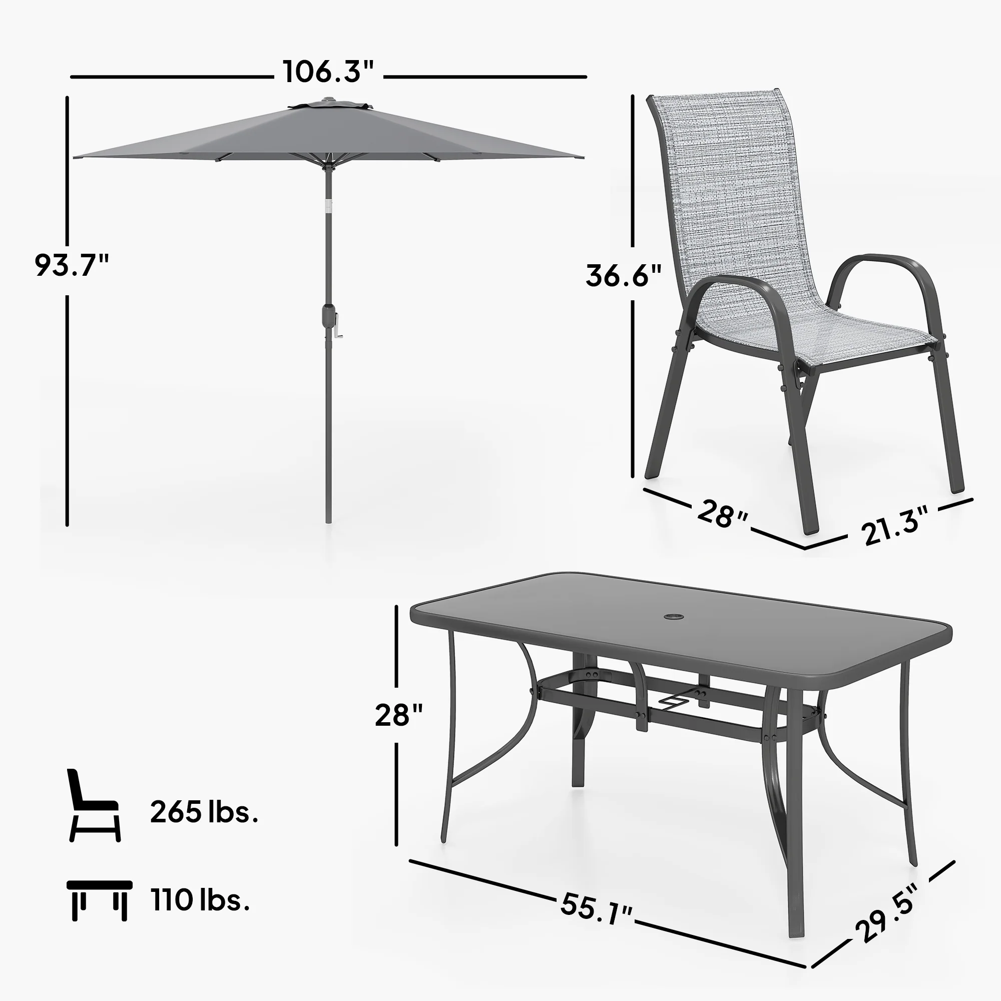 8-Piece Patio Dining Set with 9 Ft Umbrella, Mixed Gray - Image 5