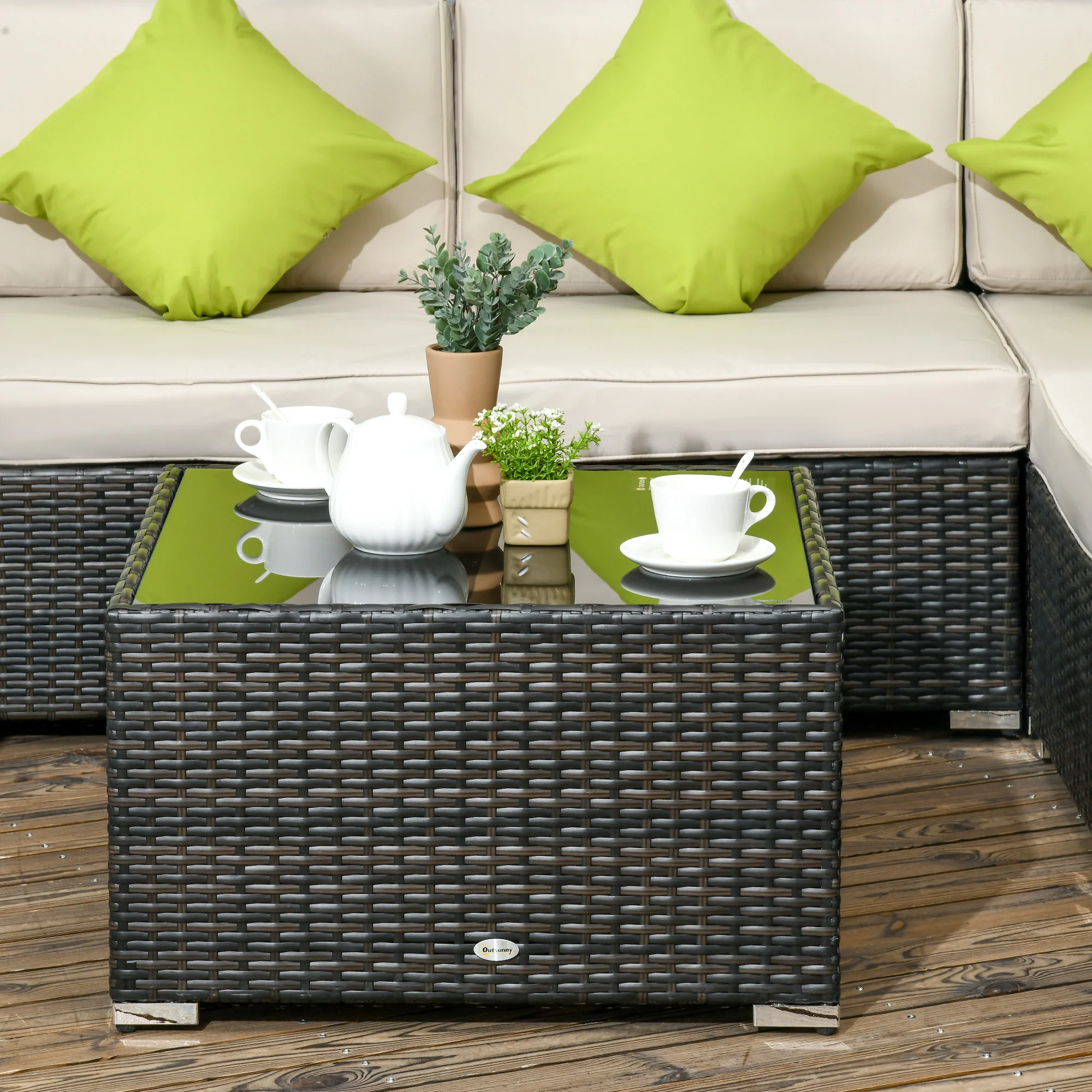 8 Pieces PE Rattan Corner Sofa Set with Cushion, Pillows & Tempered Glass Table, Brown - Image 11