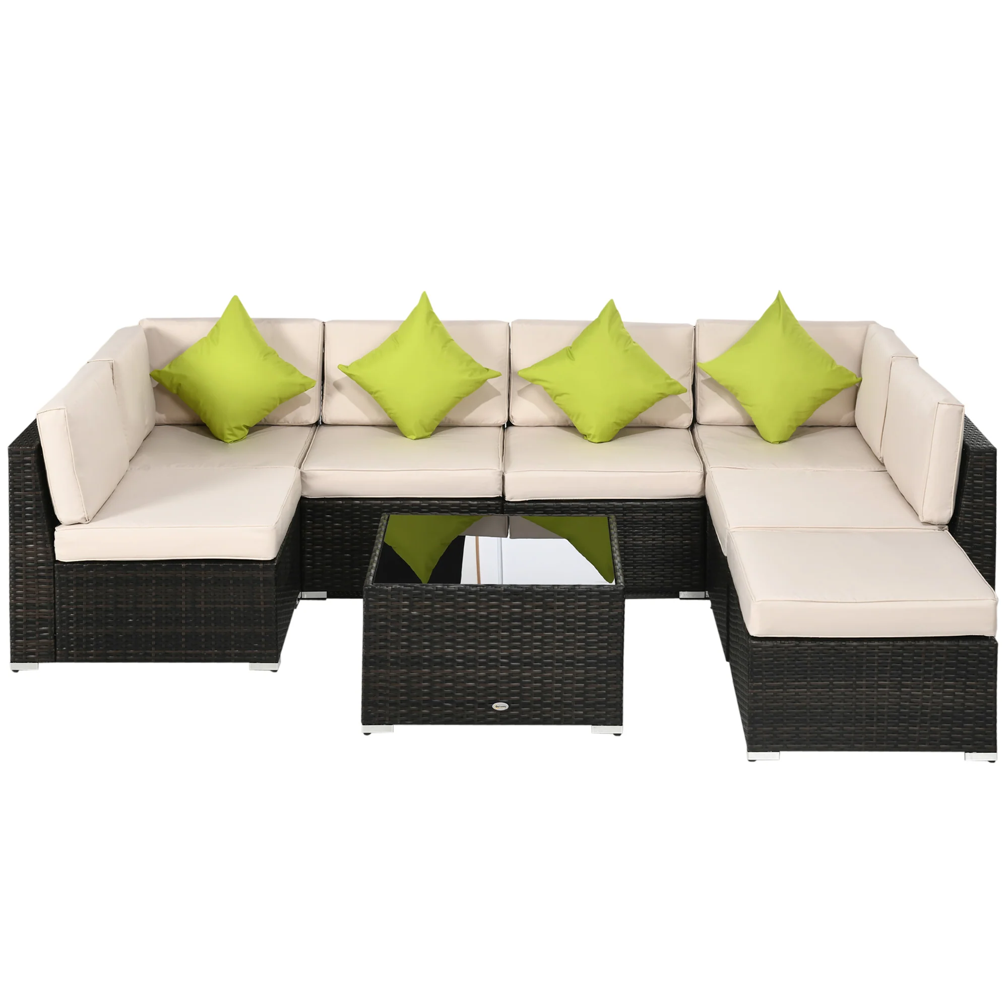8 Pieces PE Rattan Corner Sofa Set with Cushion, Pillows & Tempered Glass Table, Brown - Image 2