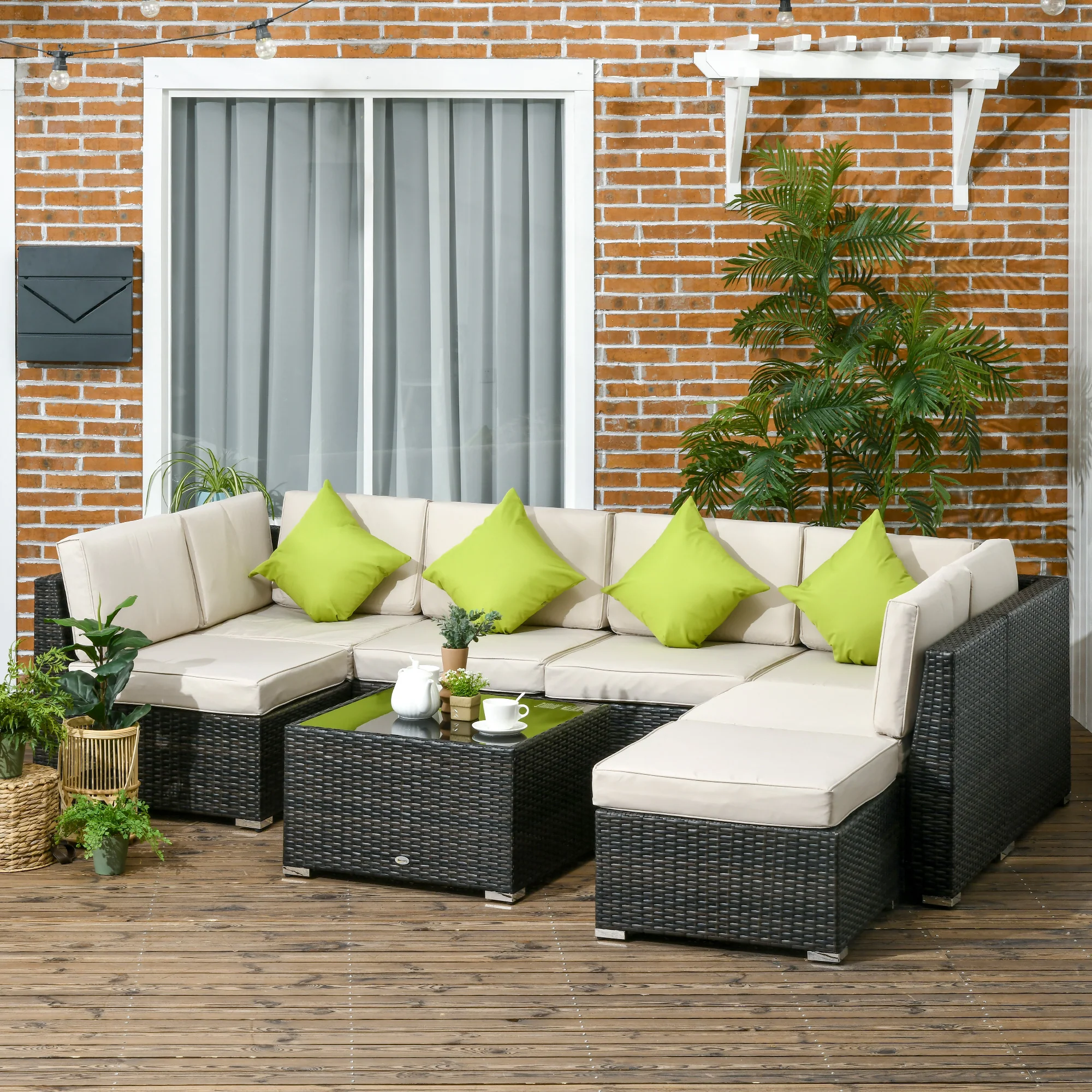 8 Pieces PE Rattan Corner Sofa Set with Cushion, Pillows & Tempered Glass Table, Brown - Image 3