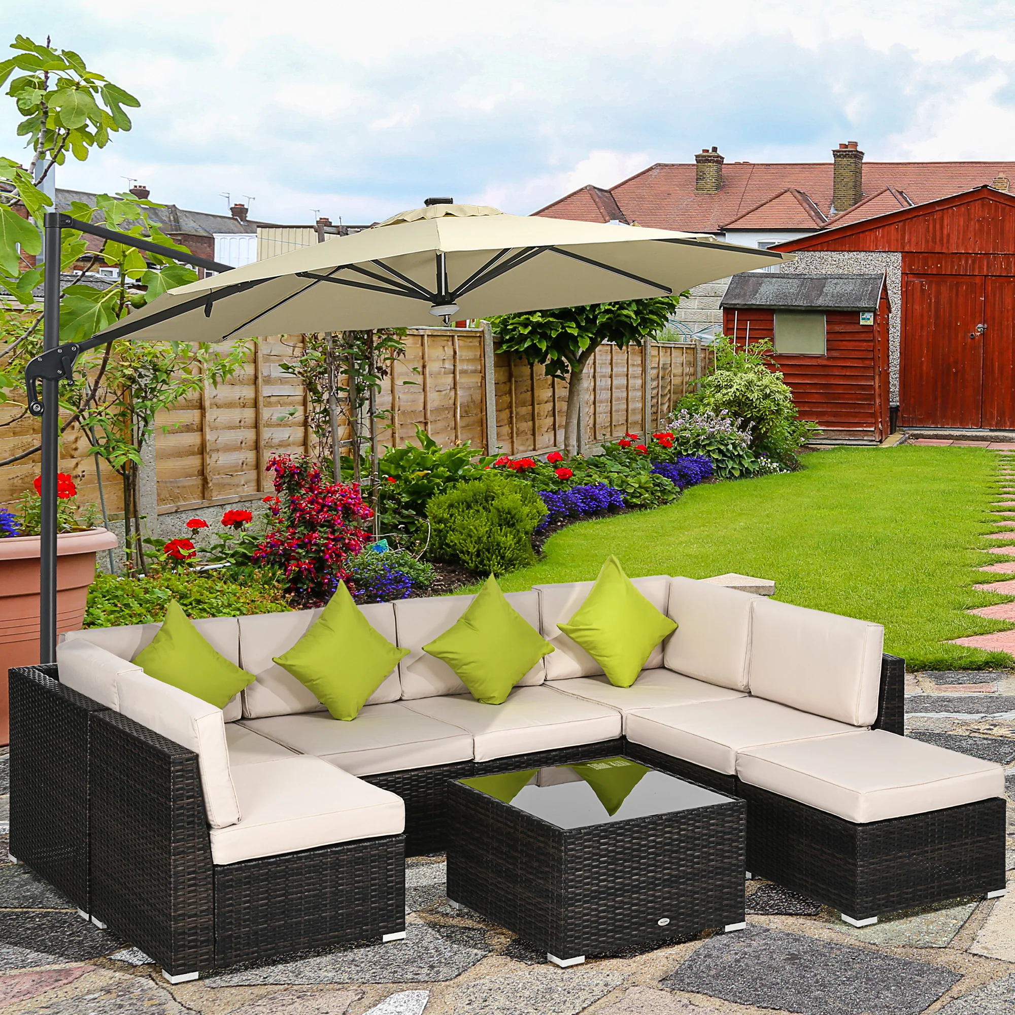 8 Pieces PE Rattan Corner Sofa Set with Cushion, Pillows & Tempered Glass Table, Brown - Image 4